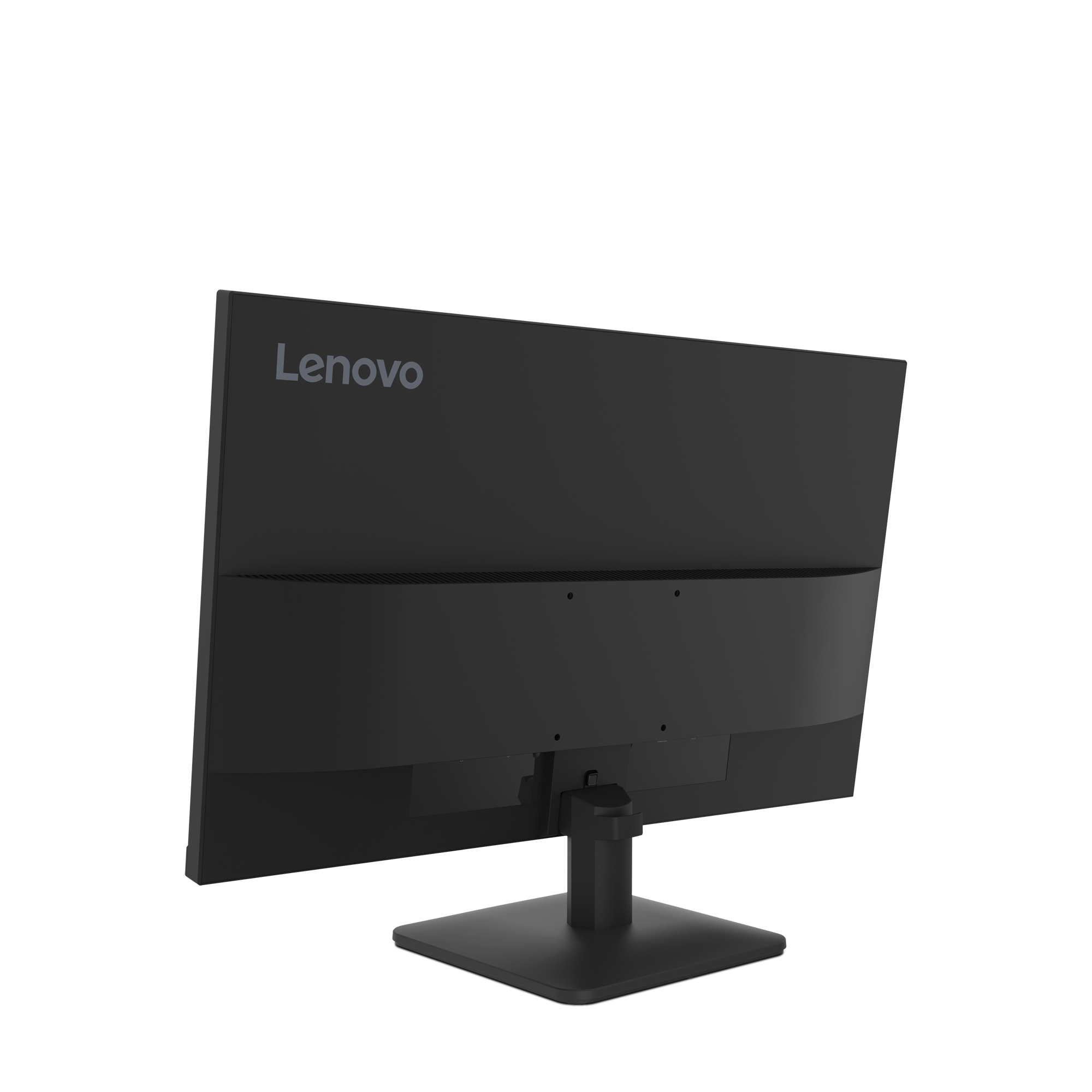 Czarny monitor Lenovo, widok z tyłu. Stojak jest przymocowany do dołu monitora. Logo Lenovo jest widoczne.