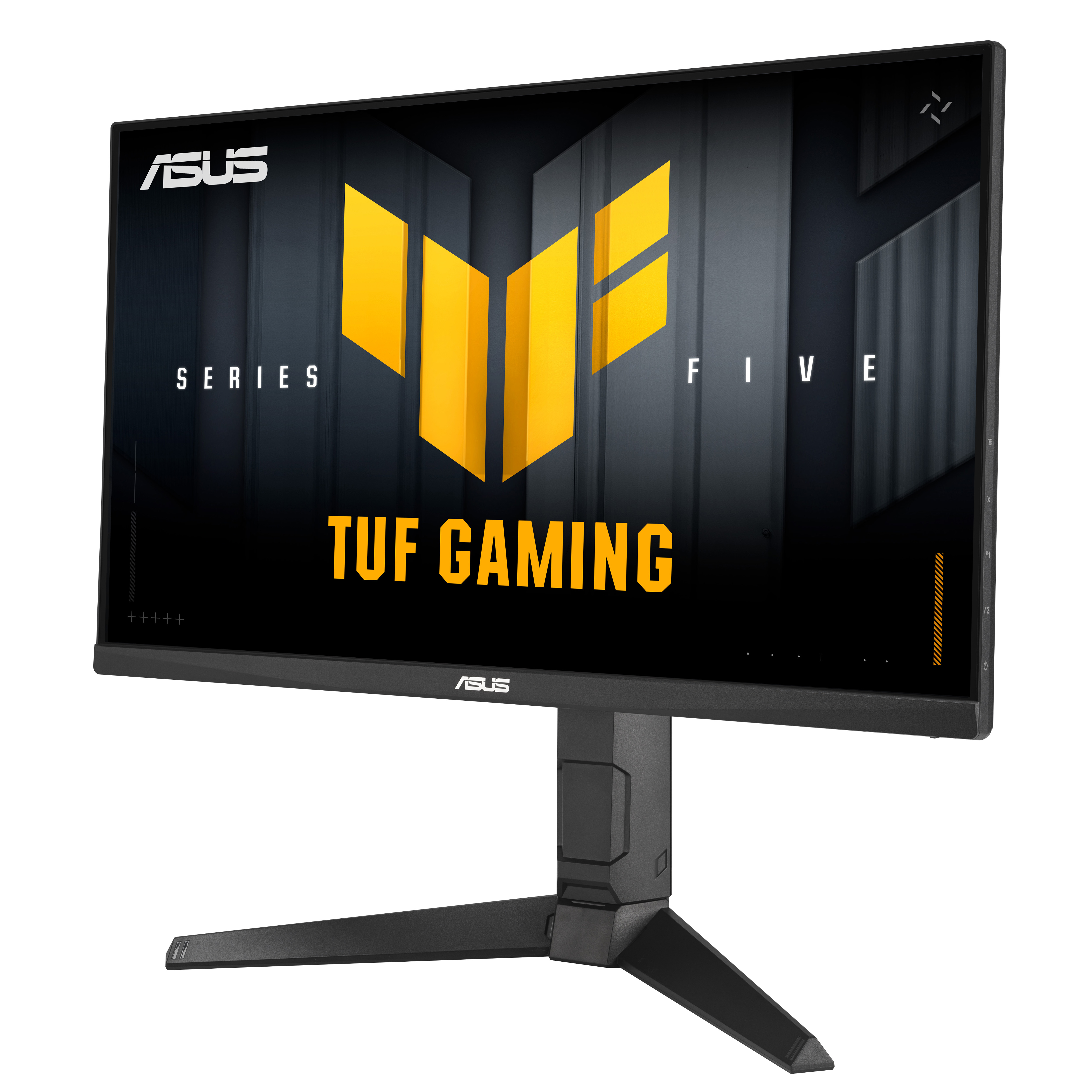 Monitor do gier ASUS TUF. Czarna ramka, wyświetlacz z żółtym logo i tekstem na ciemnym tle. Podstawa jest czarna.
