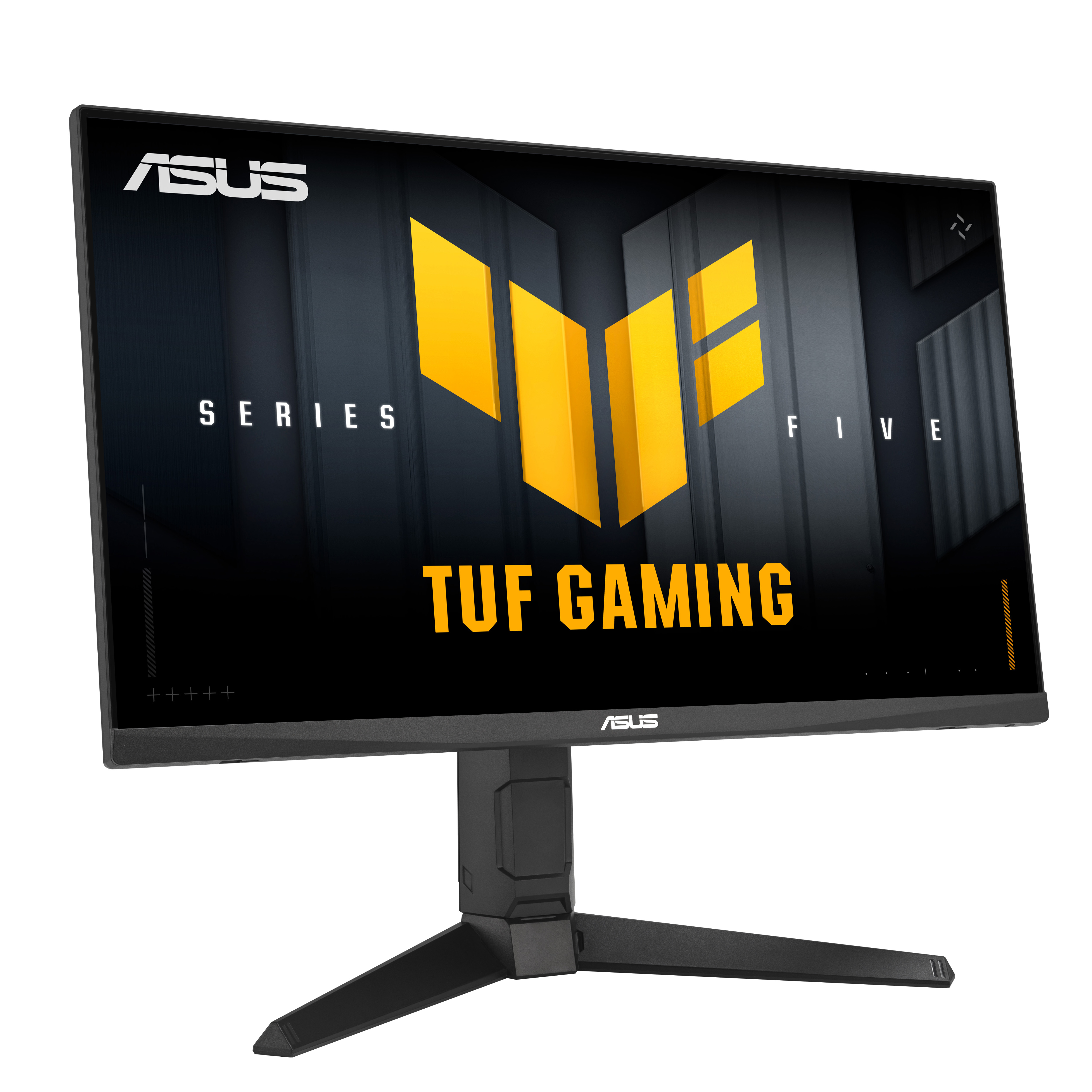 Monitor ASUS TUF Gaming. Czarna rama, stojak i podstawa. Ekran wyświetla logo TUF Gaming w kolorze żółtym.