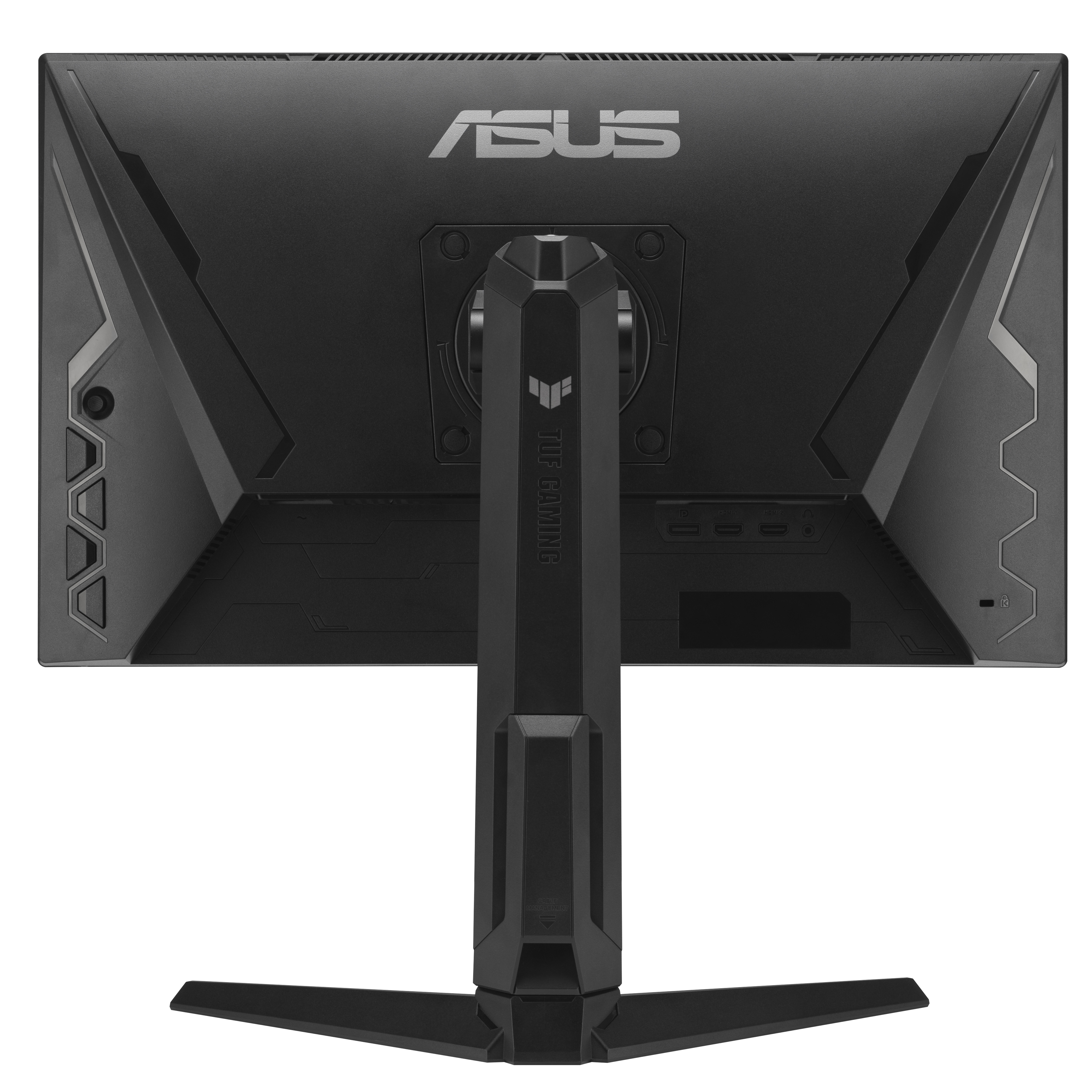 Widok z tyłu czarnego monitora ASUS TUF Gaming. Posiada logo ASUS, porty i podstawkę. Design jest kanciasty i nowoczesny.