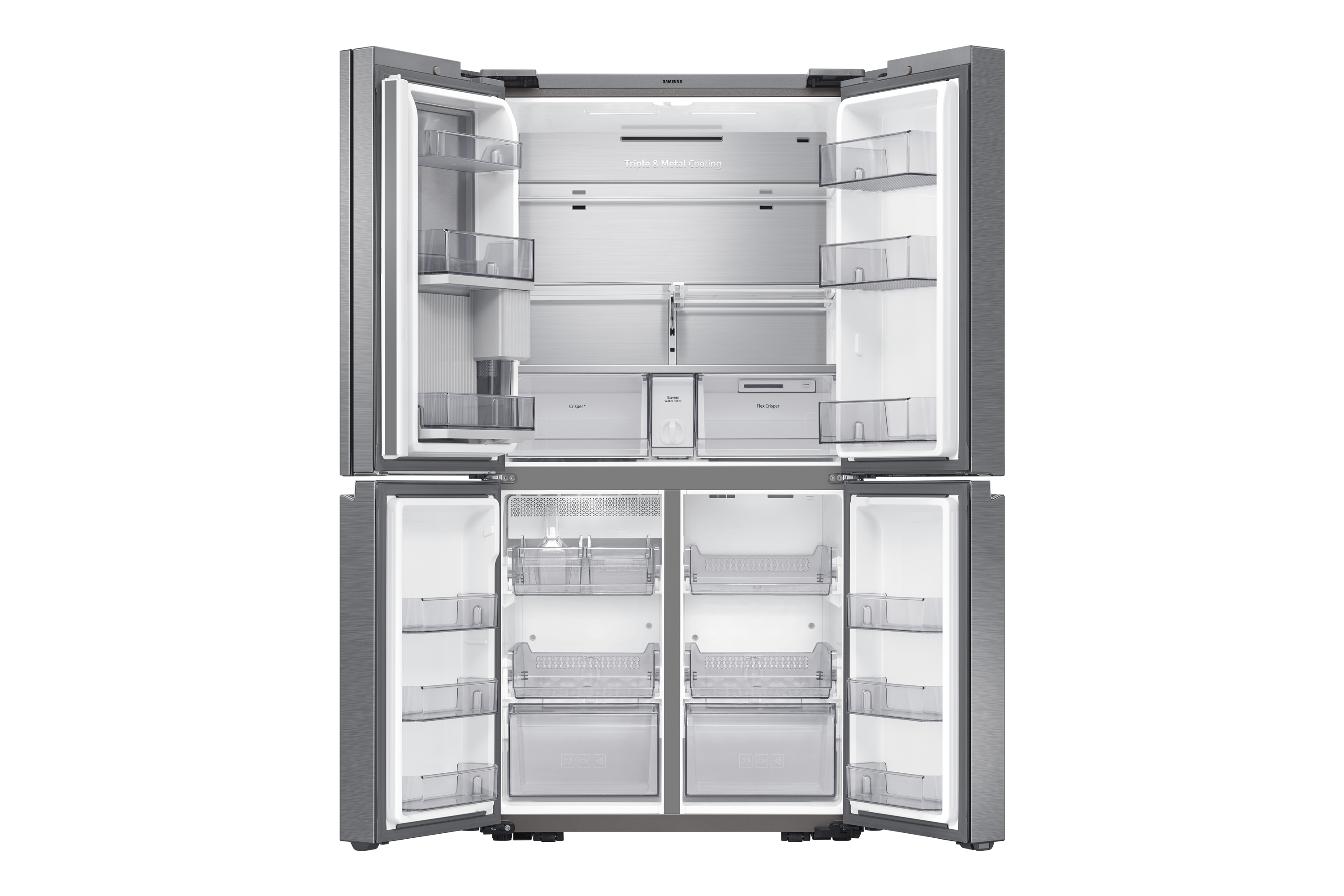 Un frigorifero Samsung in acciaio inossidabile con porte aperte, che rivela scaffali, cassetti e scomparti per la conservazione degli alimenti.
