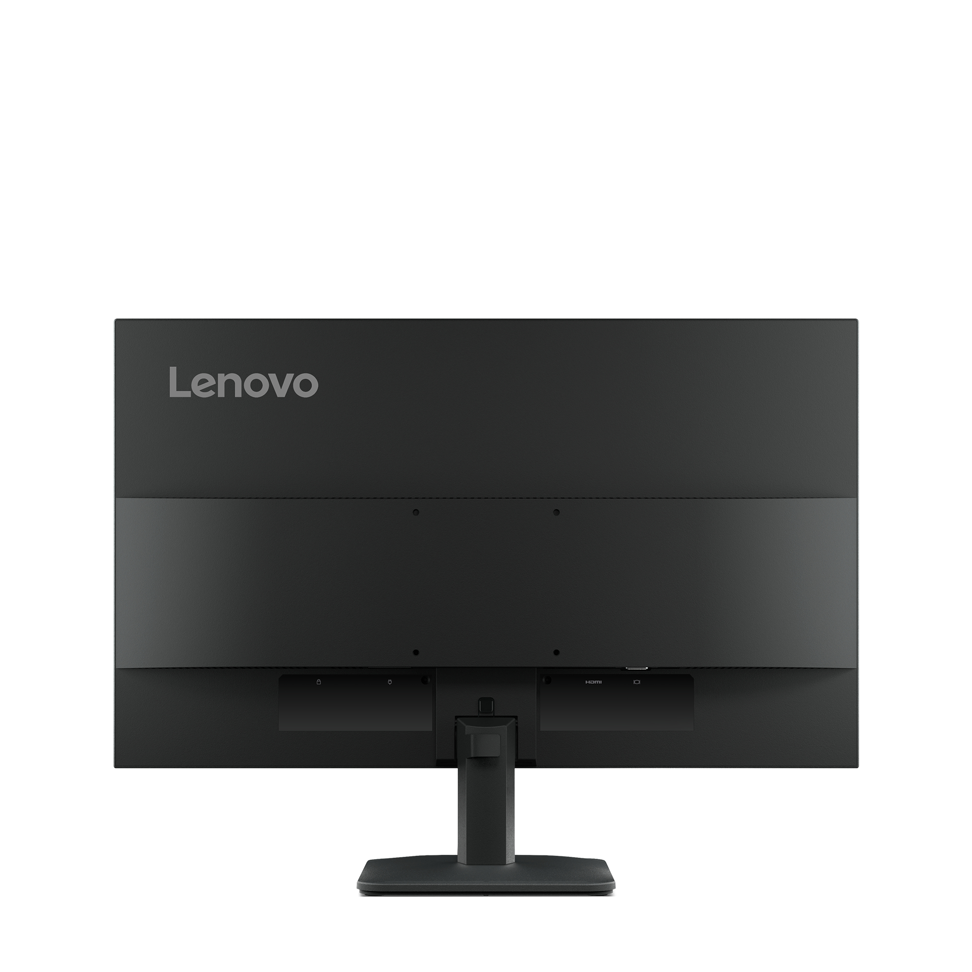 Widok z tyłu czarnego monitora Lenovo. Ekran jest podzielony na dwie sekcje. Podstawa jest czarna i ma podstawkę.