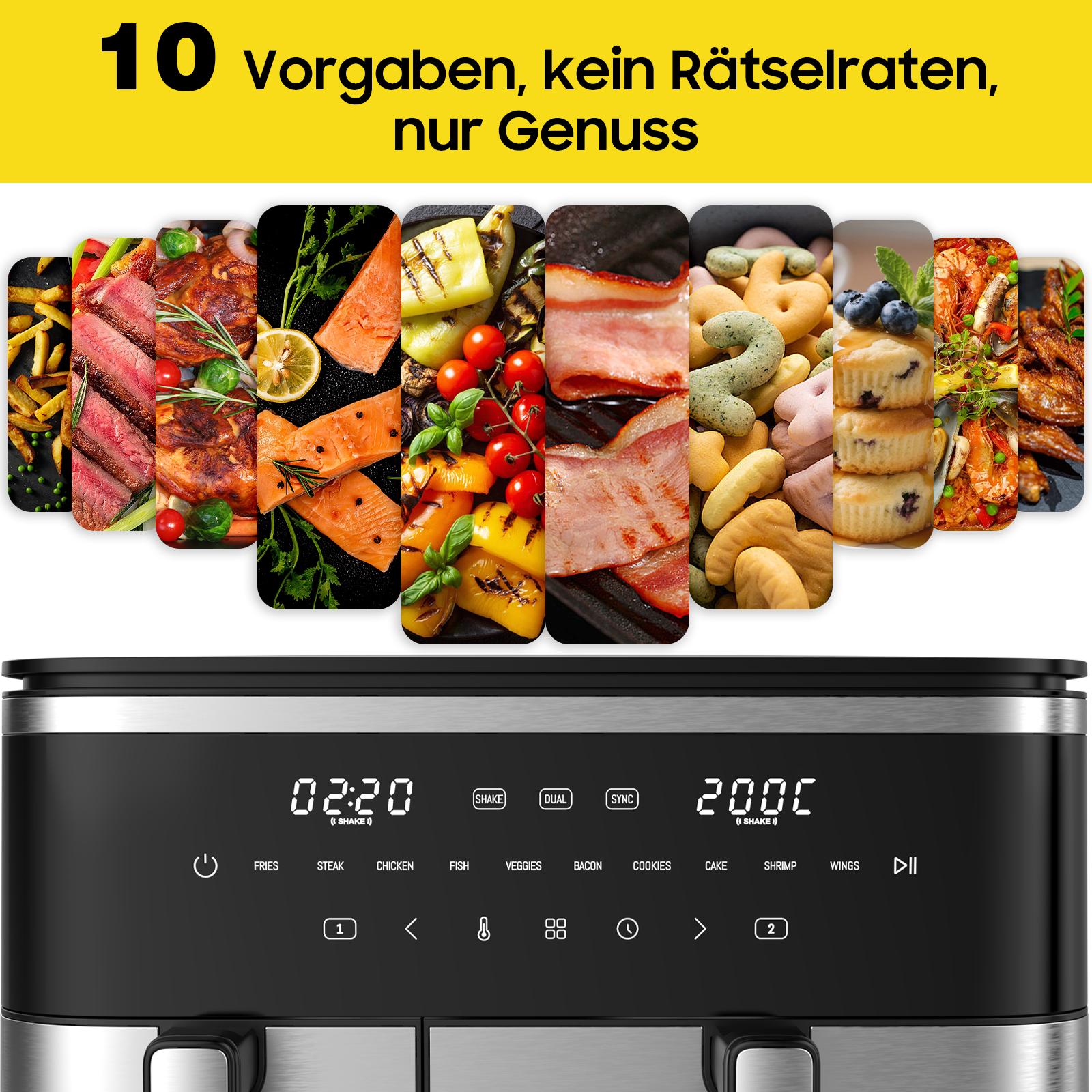 Ein Airfryer mit Essensbildern oben und einer Digitalanzeige unten. Text: 10 Vorgaben, kein Rätselraten, nur Genuss.