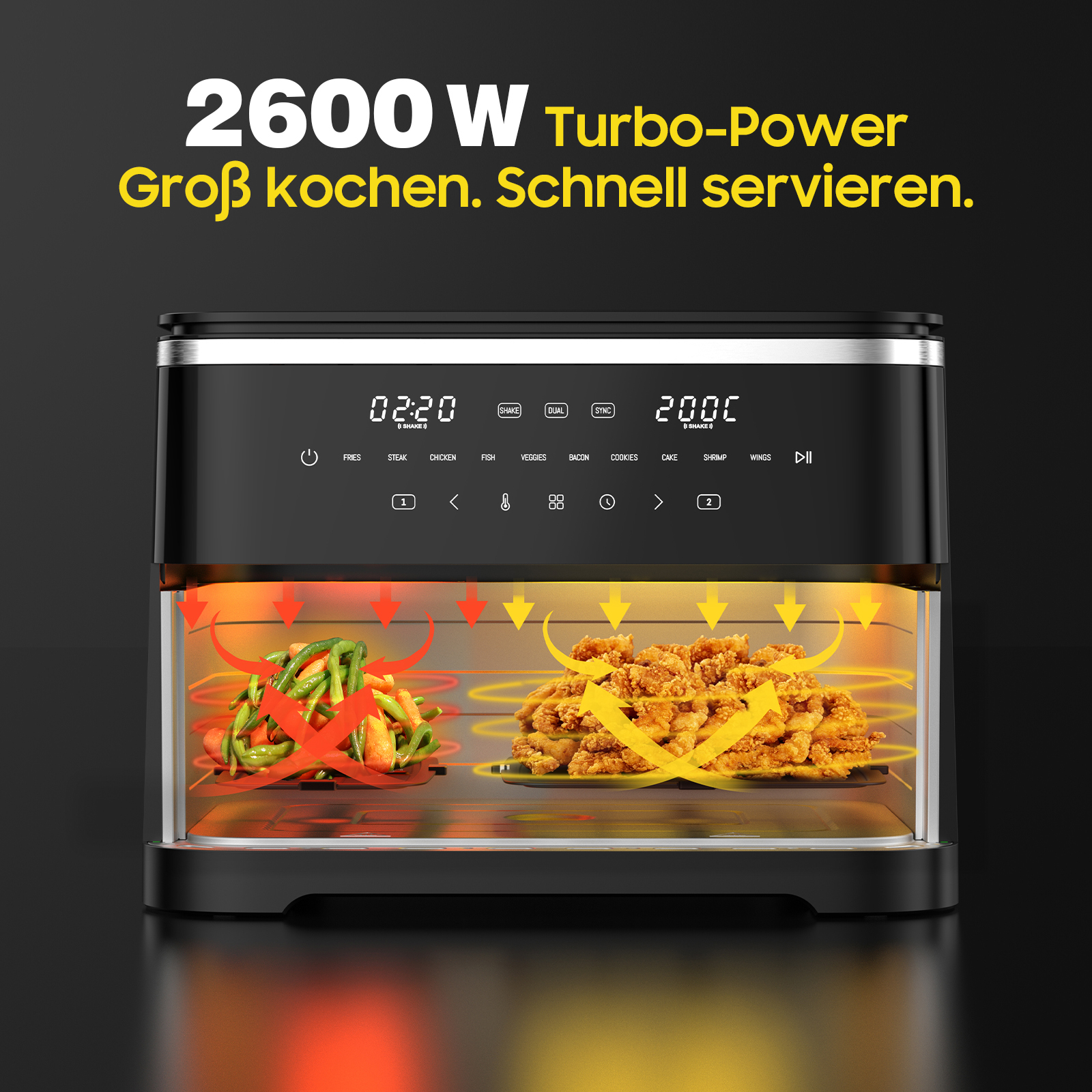 Eine Heißluftfritteuse mit Essen. Es hat eine digitale Anzeige und Knöpfe für verschiedene Kochoptionen. Der Hintergrund ist schwarz.