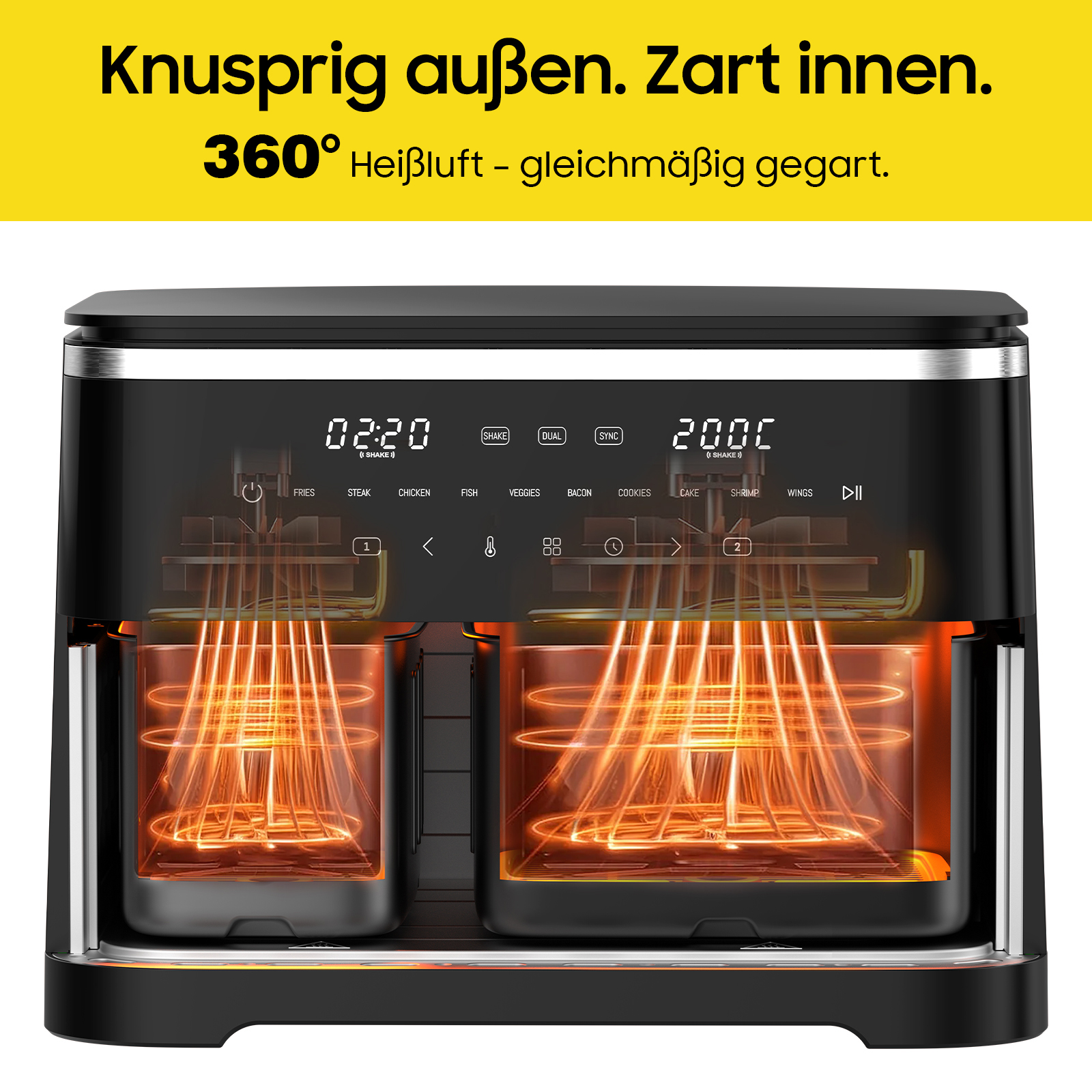 Schwarze Heißluftfritteuse mit Digitalanzeige, die Zeit- und Temperatureinstellungen anzeigt. Innenansicht mit glühenden Heizelementen.
