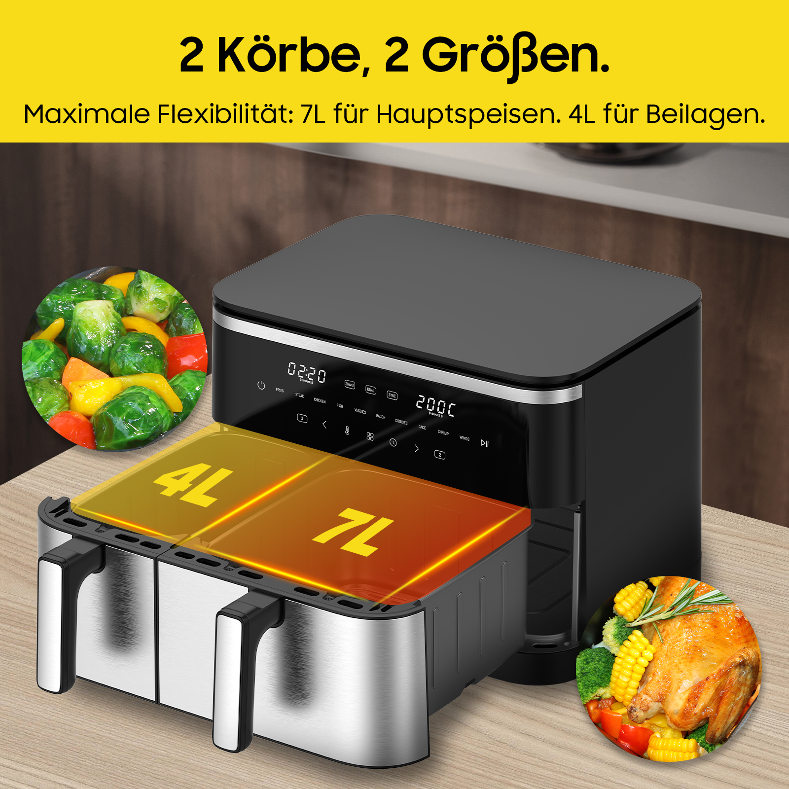 Heißluftfritteuse mit zwei Körben, 4L und 7L. Gemüse und ein gebratenes Huhn sind abgebildet, mit digitaler Anzeige.