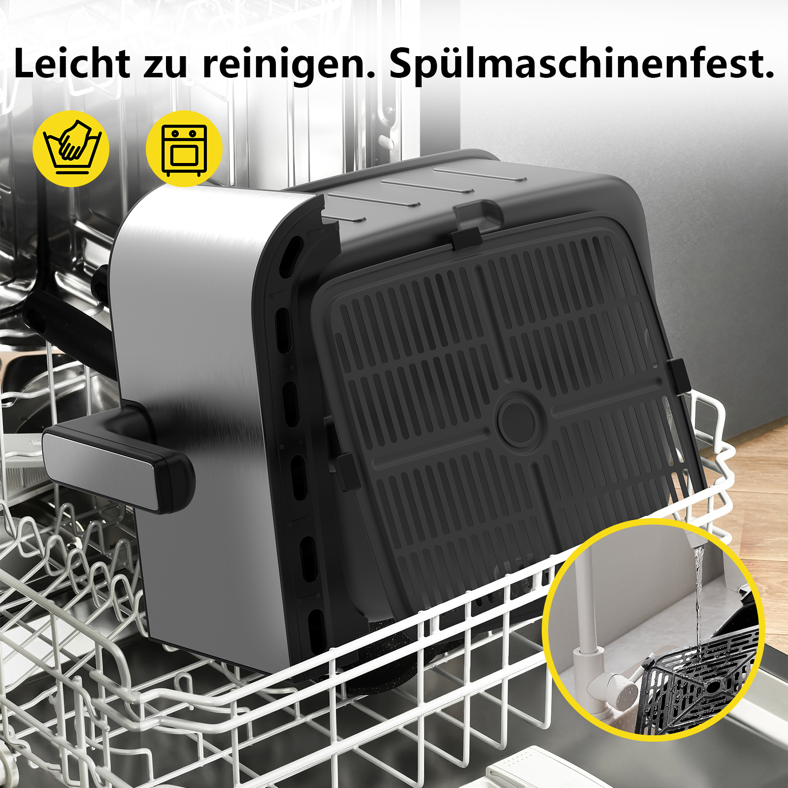 Ein Airfryer steht in einer Spülmaschine. Das schwarze Tablett ist zur Reinigung entfernt. Text: Leicht zu reinigen. Spülmaschinenfest.