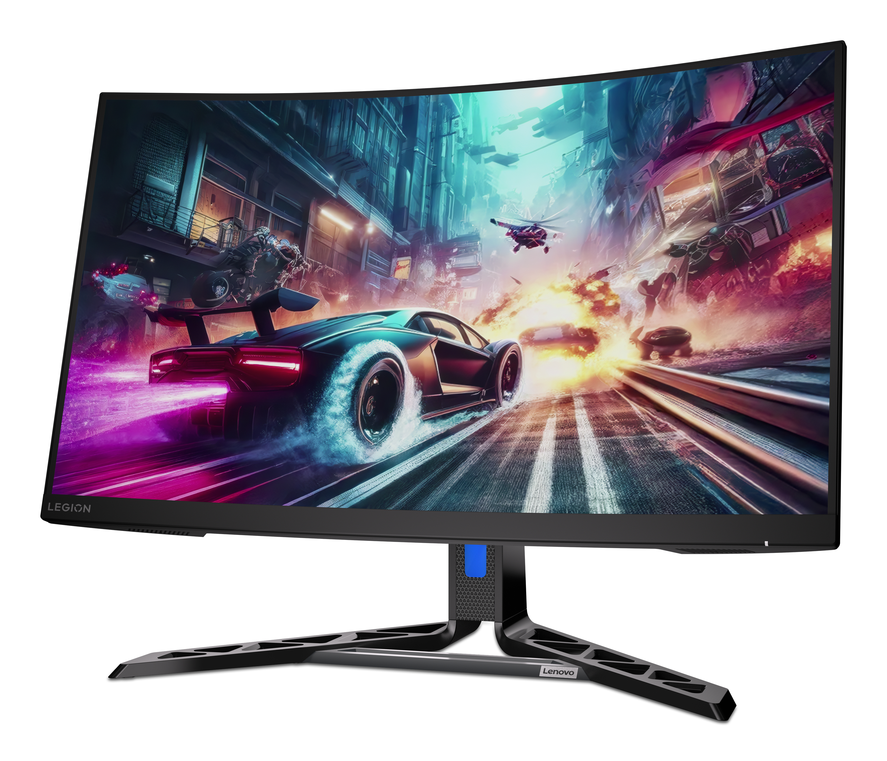 Un monitor curvo Lenovo Legion per il gaming mostra una scena urbana futuristica con un'auto da corsa. Il monitor è nero, con supporto argento.