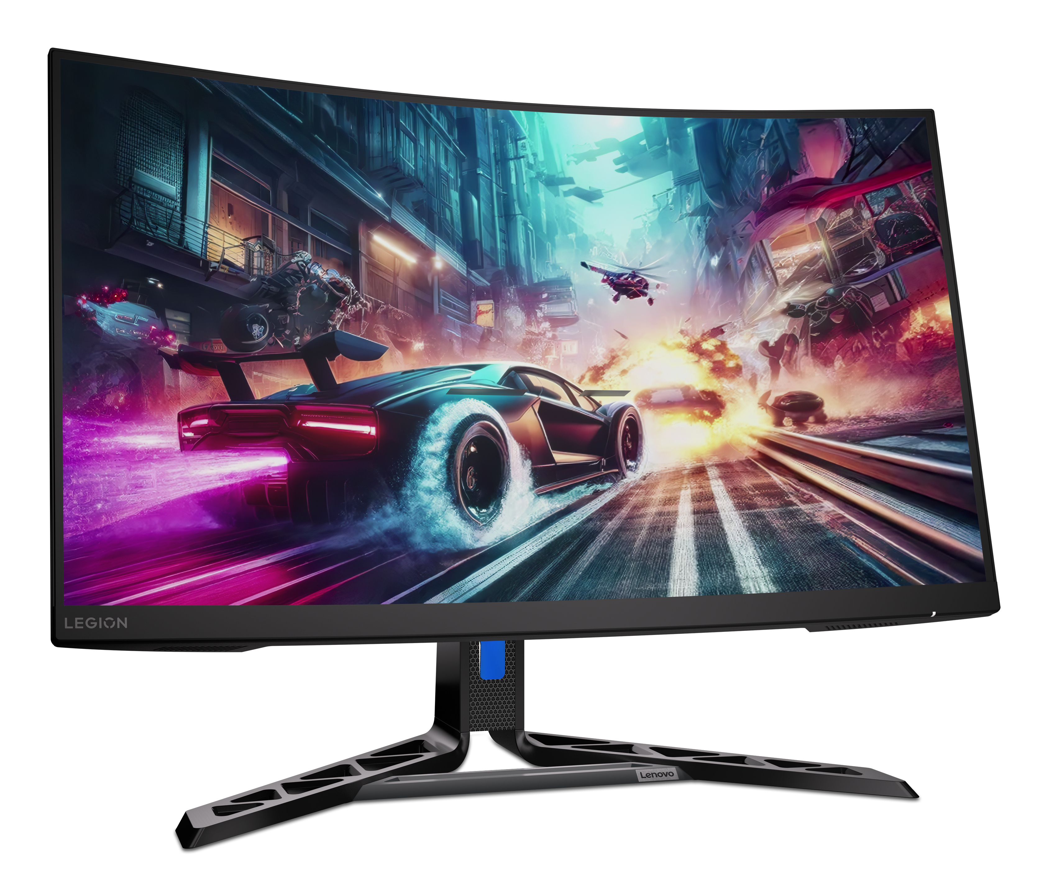 Un monitor da gioco curvo mostra una scena urbana futuristica con auto. Ha un supporto nero e il logo Lenovo.