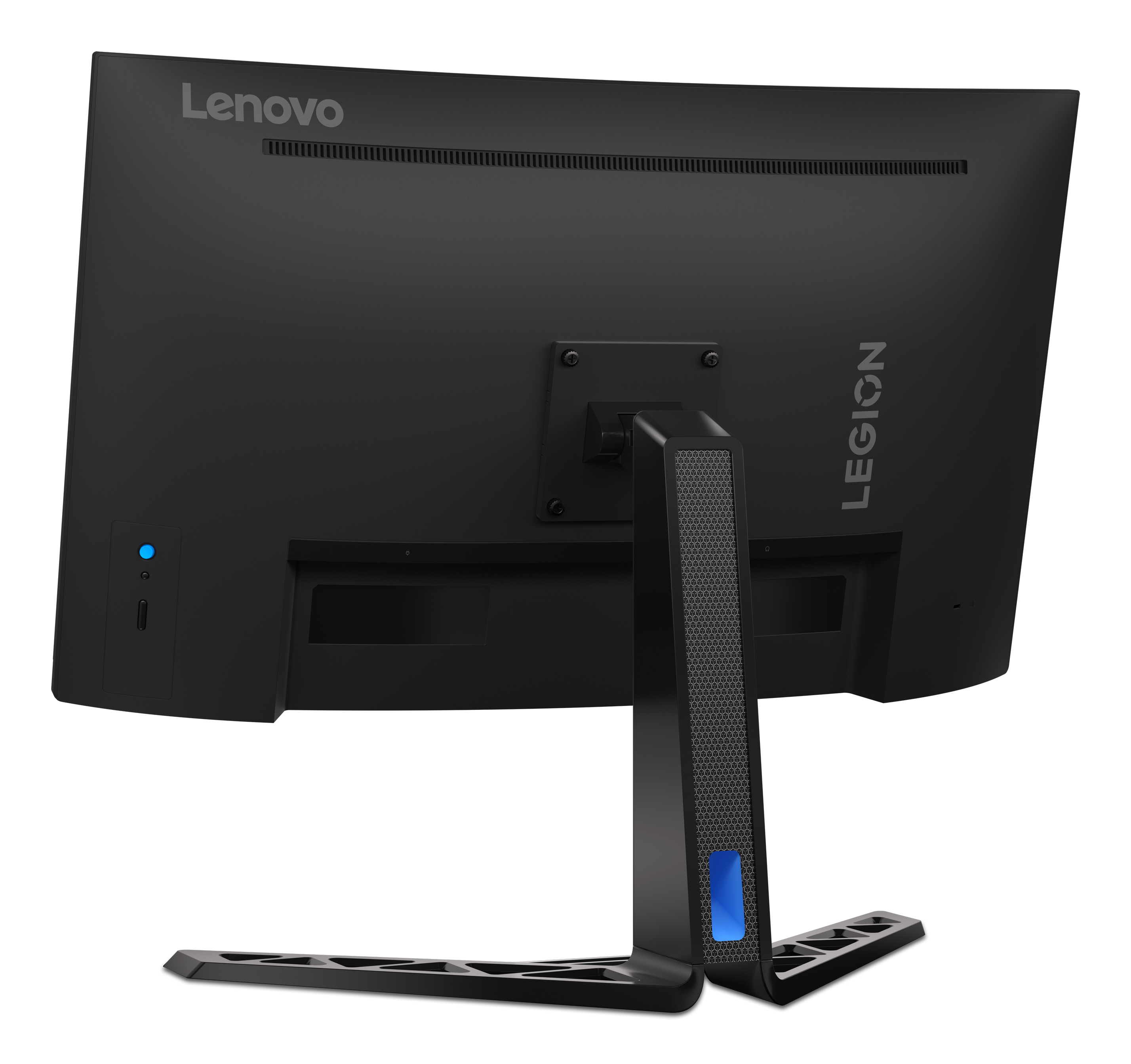 Schermo Lenovo Legion nero. Il supporto ha un accento blu. I loghi Lenovo e Legion sono visibili.