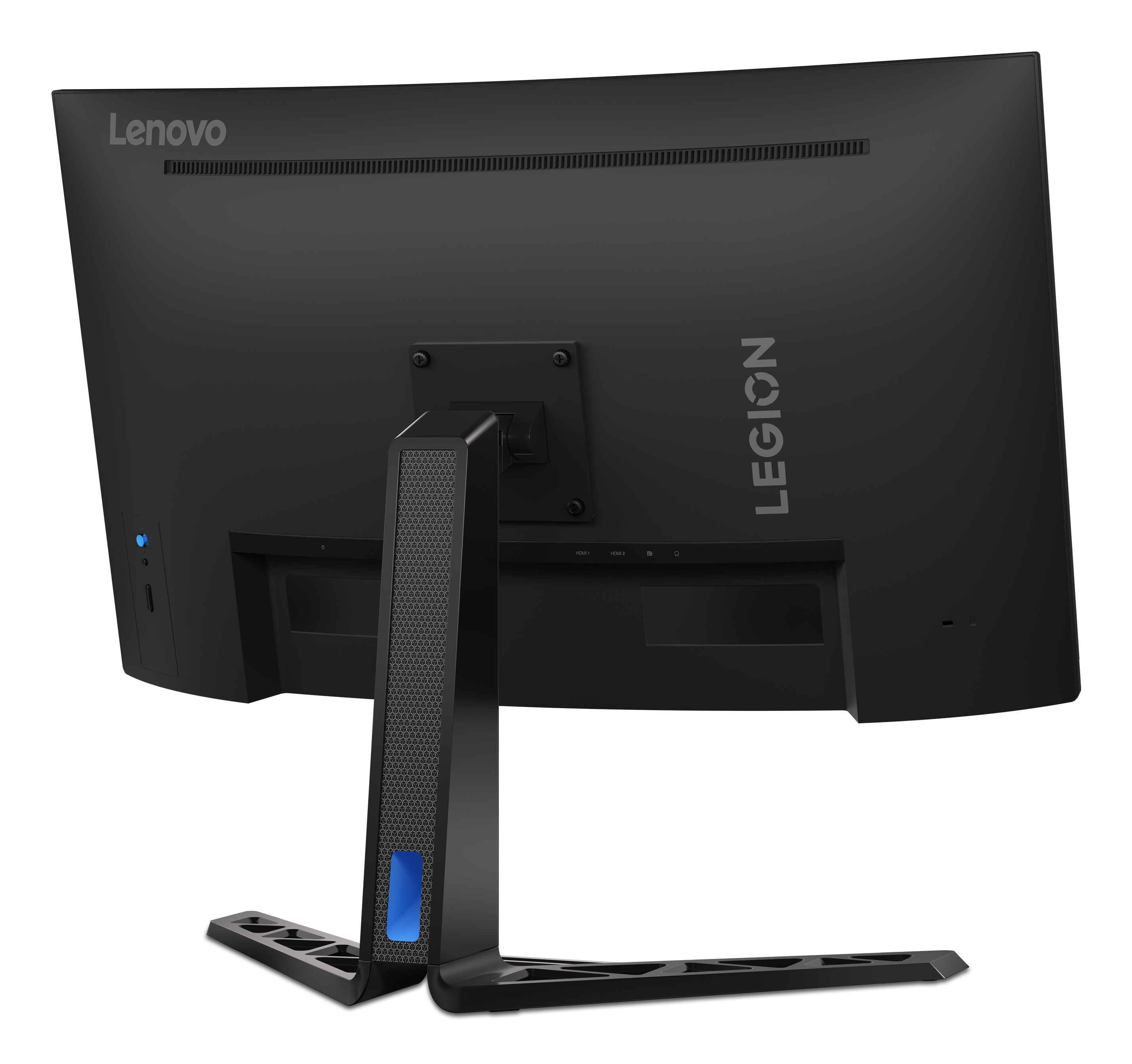 Retro di un monitor Lenovo Legion nero. Con logo Legion, supporto e porte. Accenti blu visibili.