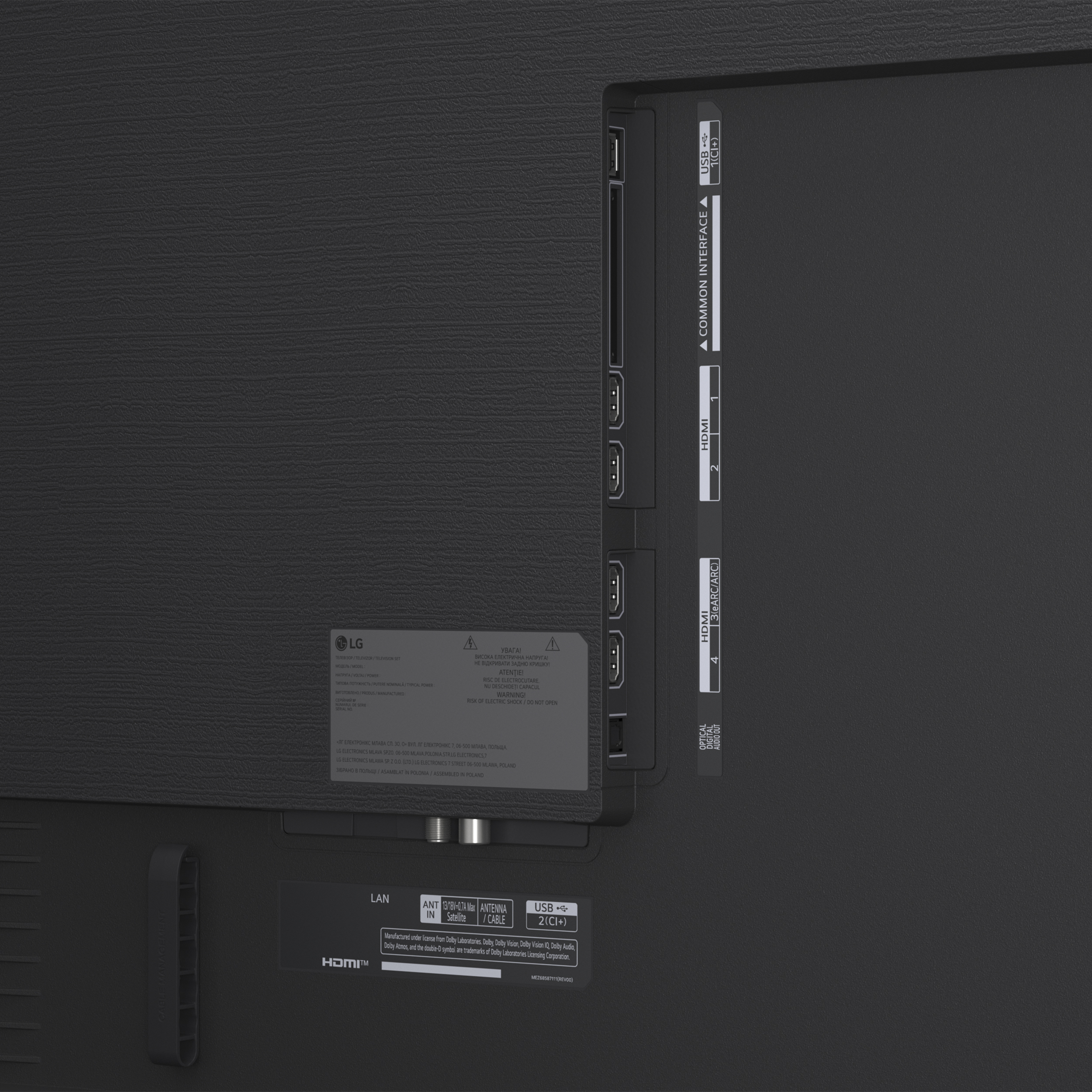 Rückseite eines schwarzen LG-Fernsehers mit Anschlüssen: HDMI, USB, Antenne, LAN und andere. Beschriftungen in Englisch und anderen Sprachen.
