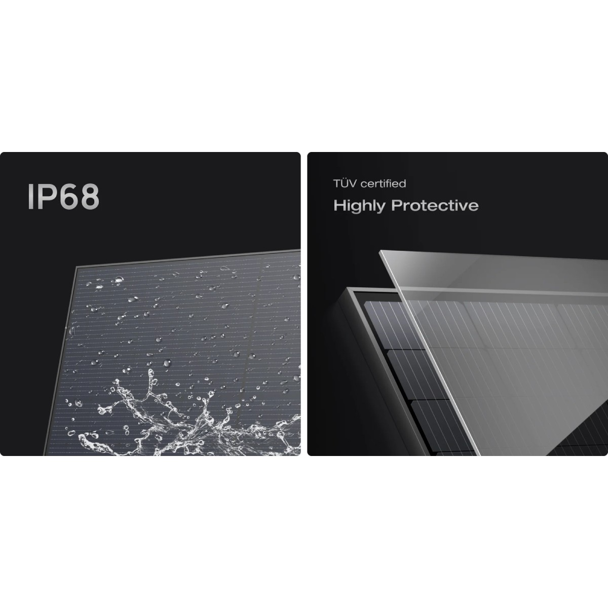 L'immagine mostra le etichette IP68 e Highly Protective. Un pannello solare è visualizzato con goccioline d'acqua e uno strato di vetro protettivo.