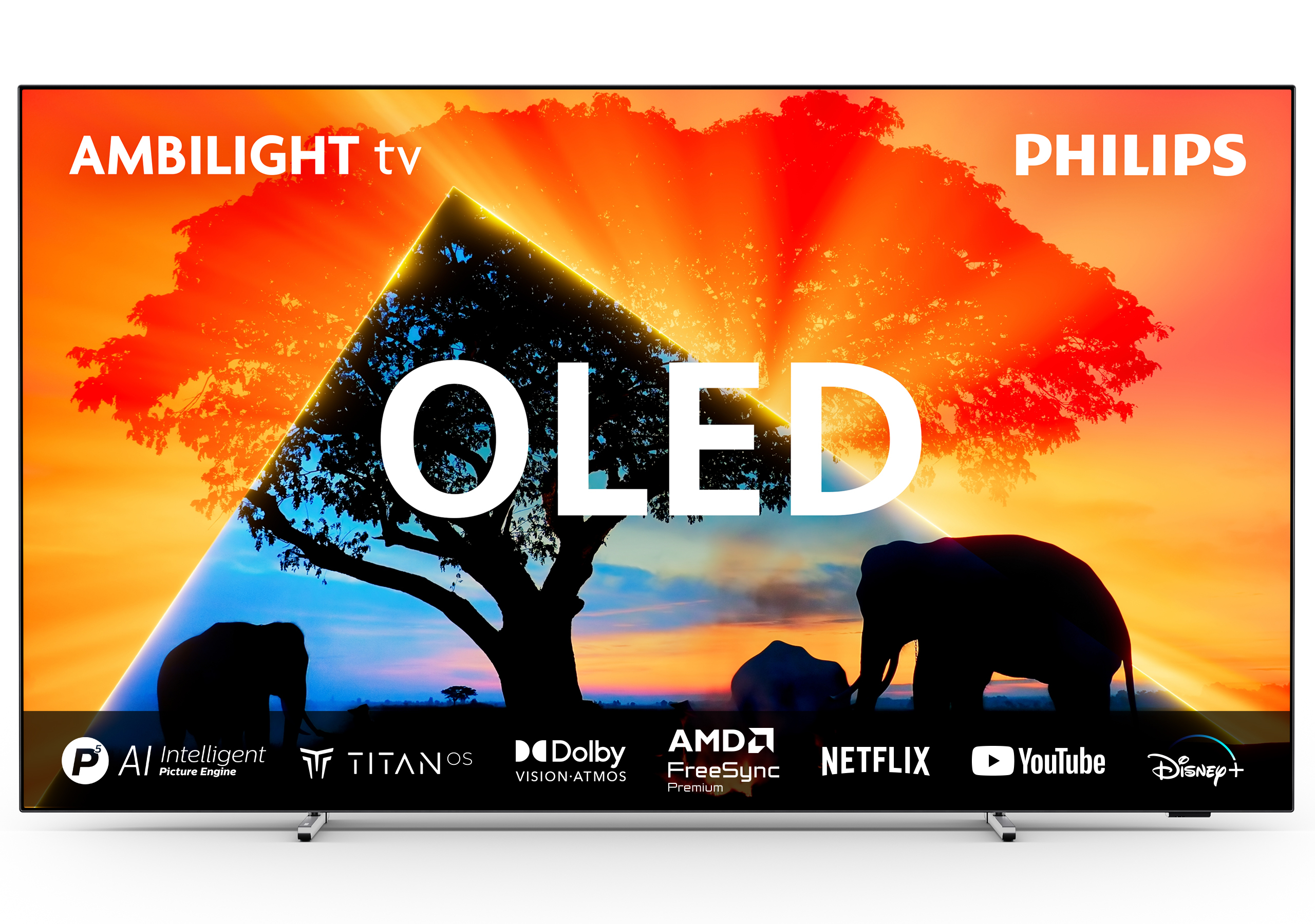Ein Philips OLED-Fernseher zeigt eine Sonnenuntergangsszene mit Elefanten, dem Wort OLED und Logos wie Netflix und YouTube.