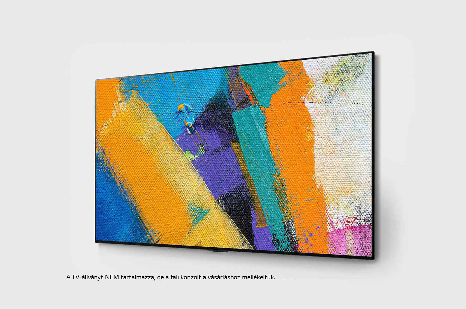 Una moderna TV mostra un dipinto astratto con pennellate arancioni, blu, viola e bianche su tela.