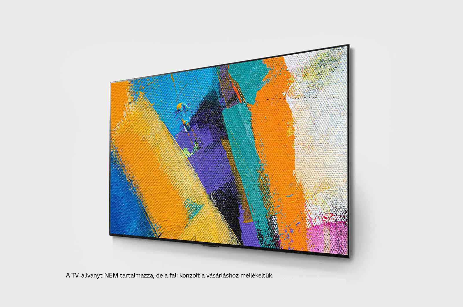 Grande schermo TV che mostra un dipinto astratto con pennellate blu, arancioni e viola. La TV è su sfondo bianco.