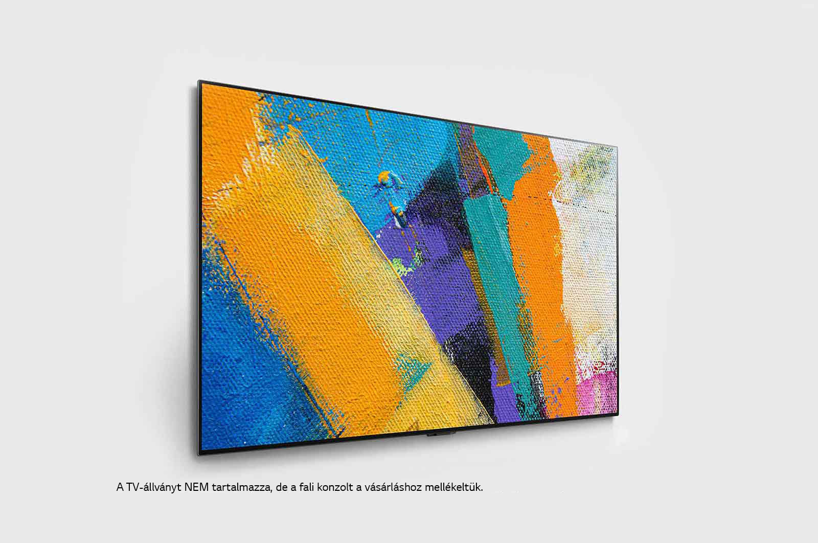 Schermo TV con arte astratta. I colori includono blu, arancione, viola e verde. La TV è montata su parete bianca.