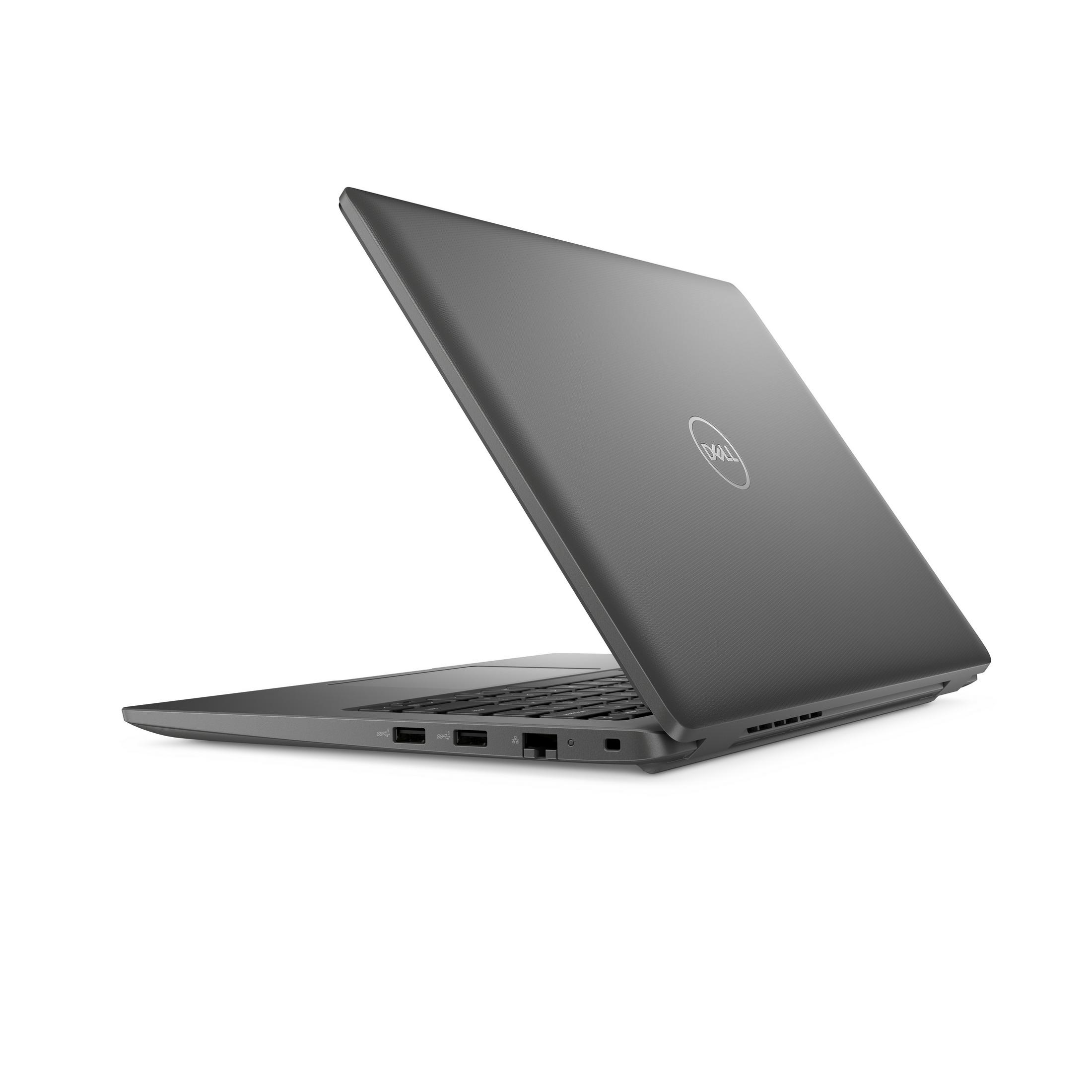 Ein grauer Dell-Laptop ist geöffnet und vor einem weißen Hintergrund abgewinkelt. Das Dell-Logo ist sichtbar.