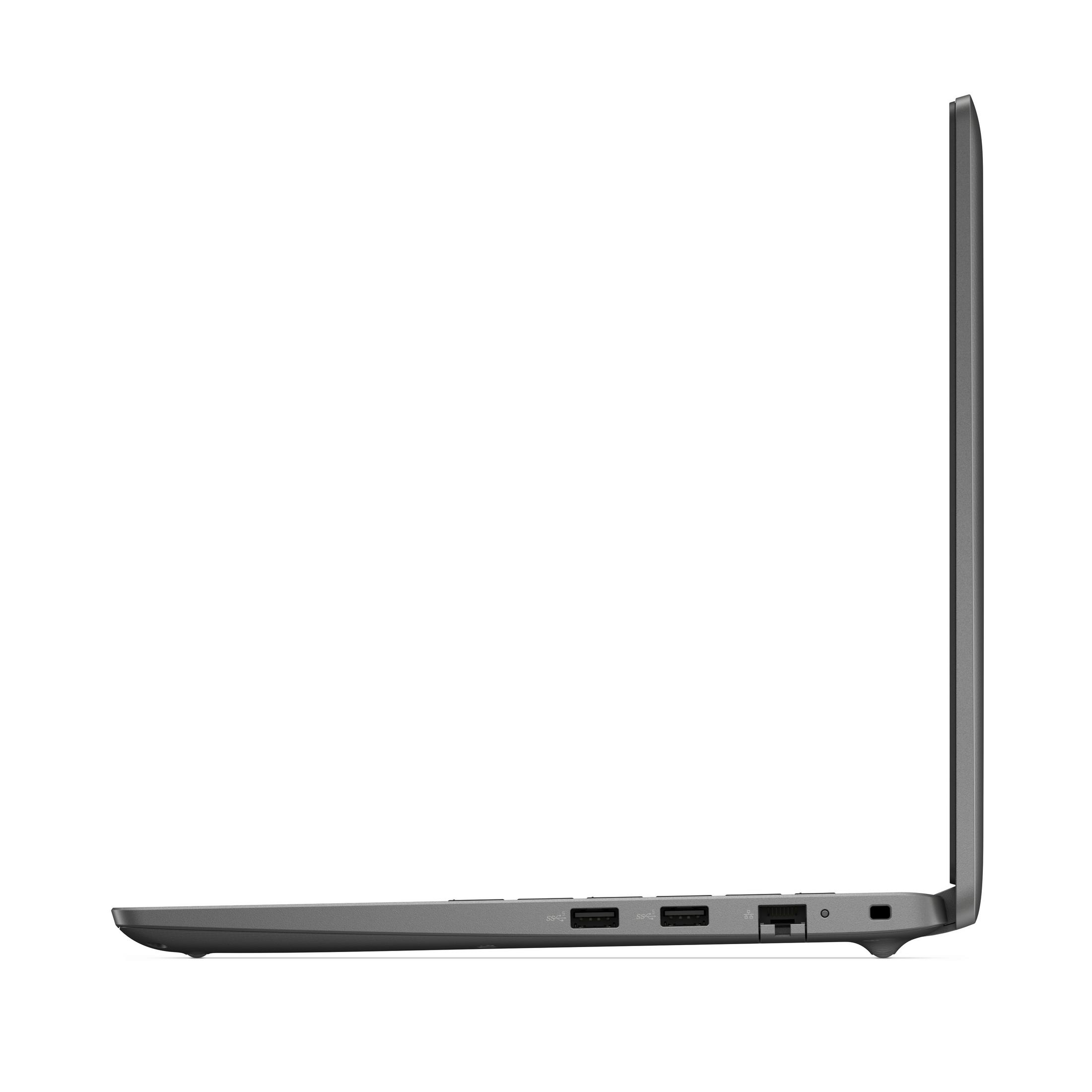 Widok z boku szarego laptopa. Porty są widoczne z boku. Tło jest białe.