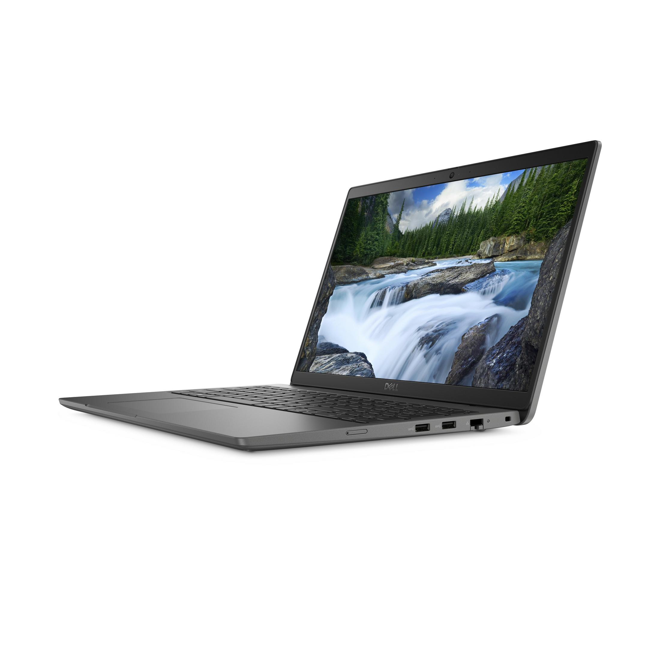 Szary laptop jest lekko otwarty, pokazując scenę wodospadu. Laptop jest na białym tle.