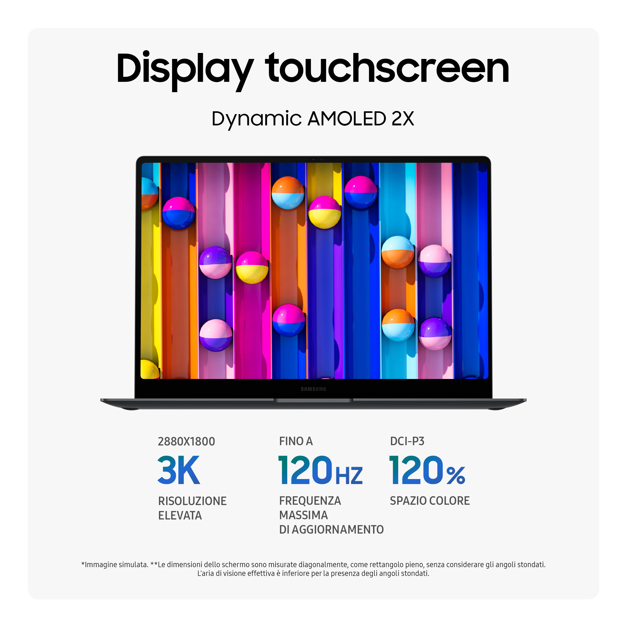 Lo schermo di un laptop mostra sfere colorate contro strisce verticali. In alto c'è scritto: 'Display touchscreen'.