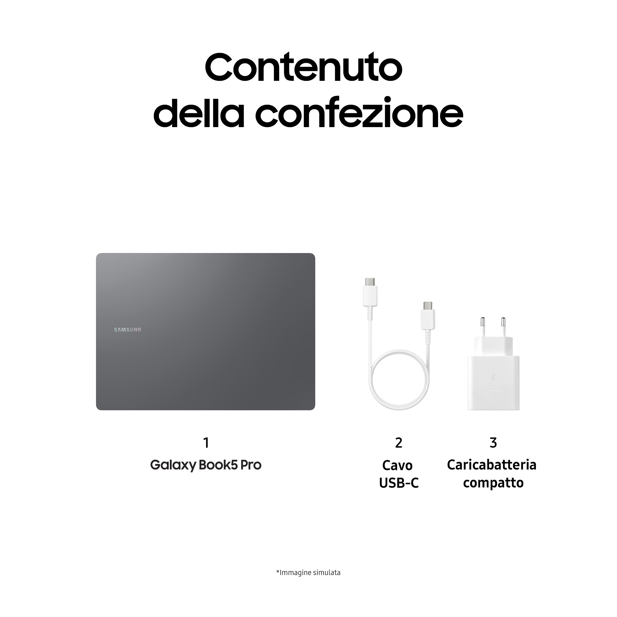 L'immagine mostra il contenuto di una scatola Samsung Galaxy Book5 Pro: laptop, cavo USB-C e caricabatterie compatto.