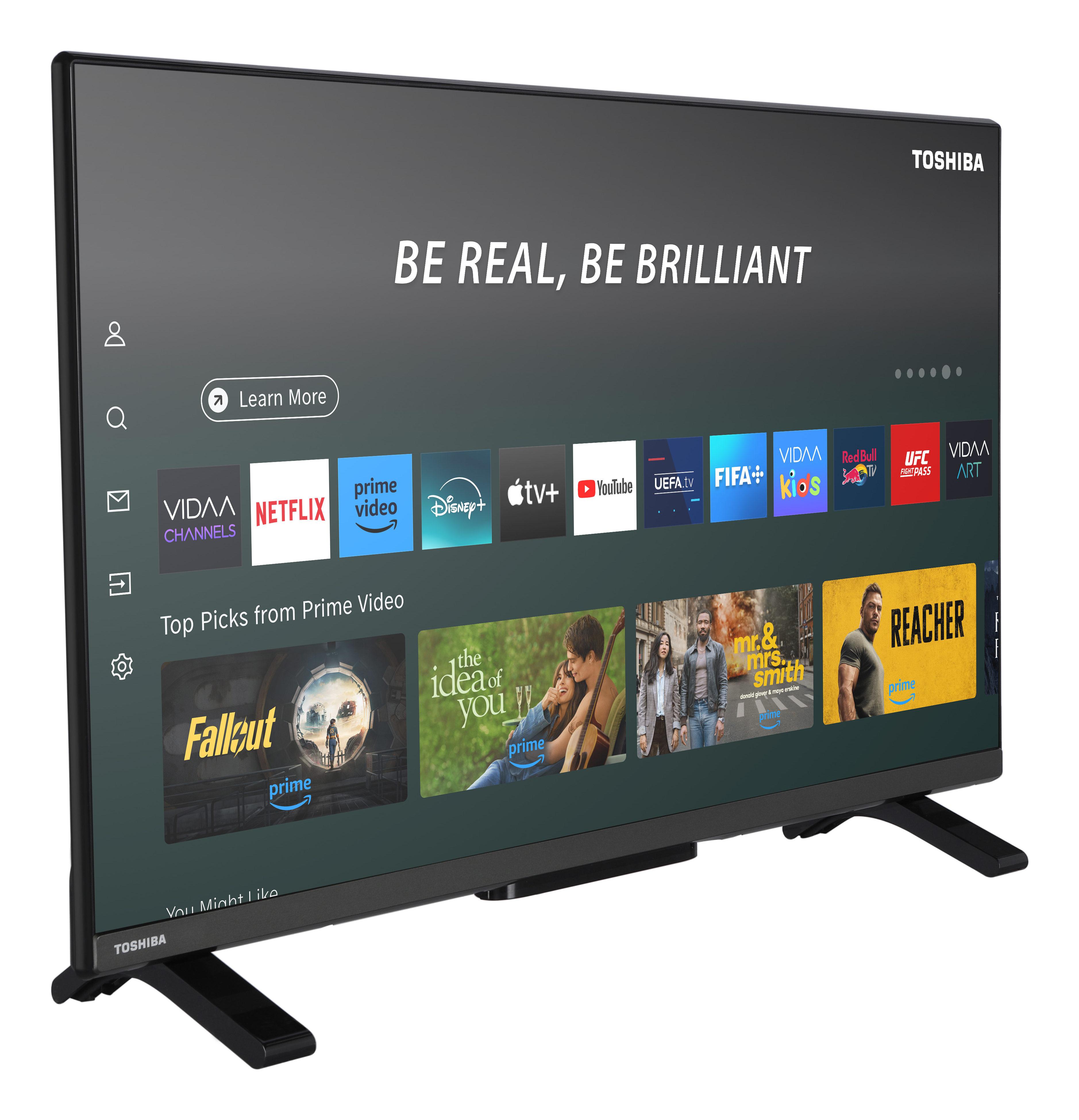 La TV Toshiba mostra app di streaming, tra cui Prime Video, Netflix e YouTube. Lo schermo mostra selezioni di film. La TV è nera.