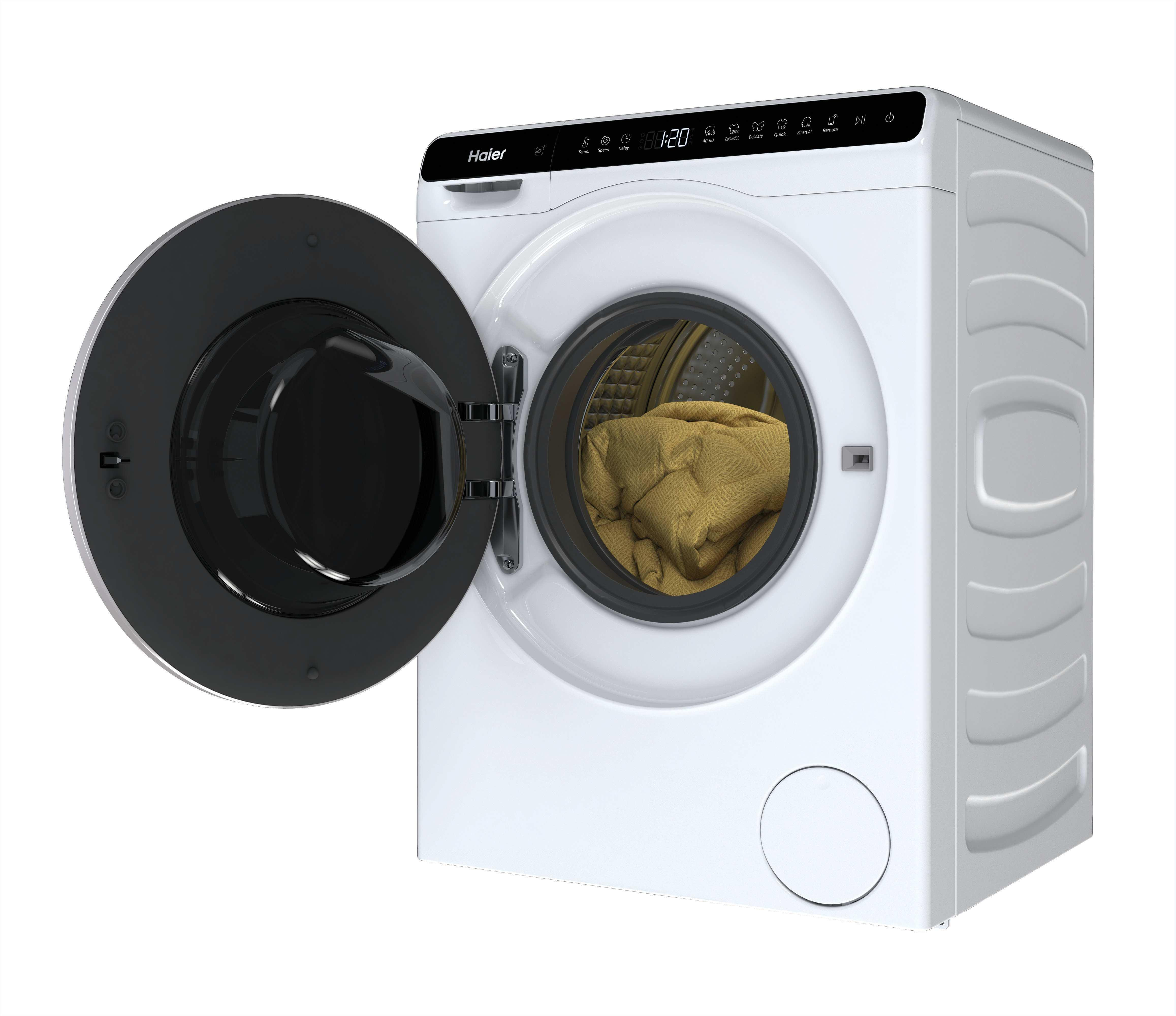 Una lavatrice Haier bianca con porta nera aperta. All'interno, tessuto giallo visibile. Il display mostra 88:20.