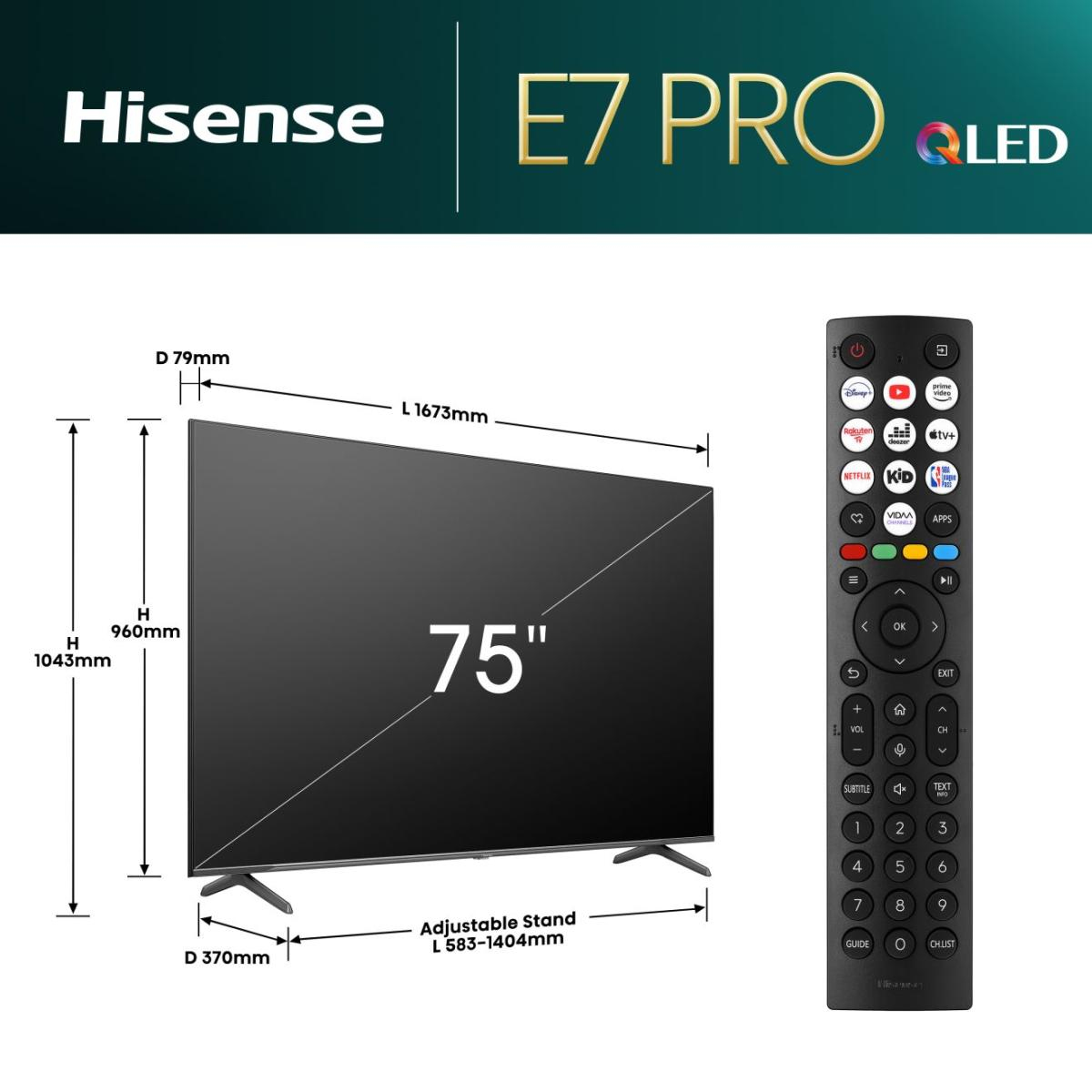 Telewizor Hisense E7 Pro QLED 75" z pilotem. Pokazano wymiary. Telewizor stoi na podstawie.