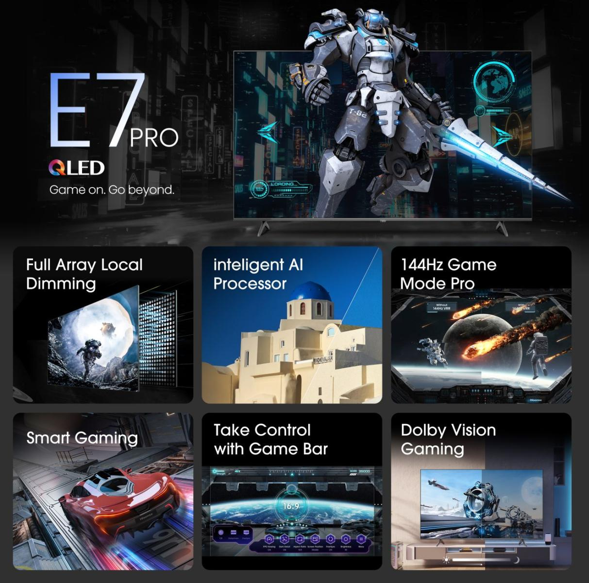 Duży telewizor QLED wyświetla robota-wojownika. Inne panele pokazują funkcje, takie jak inteligentne granie, procesor AI i tryb gry.