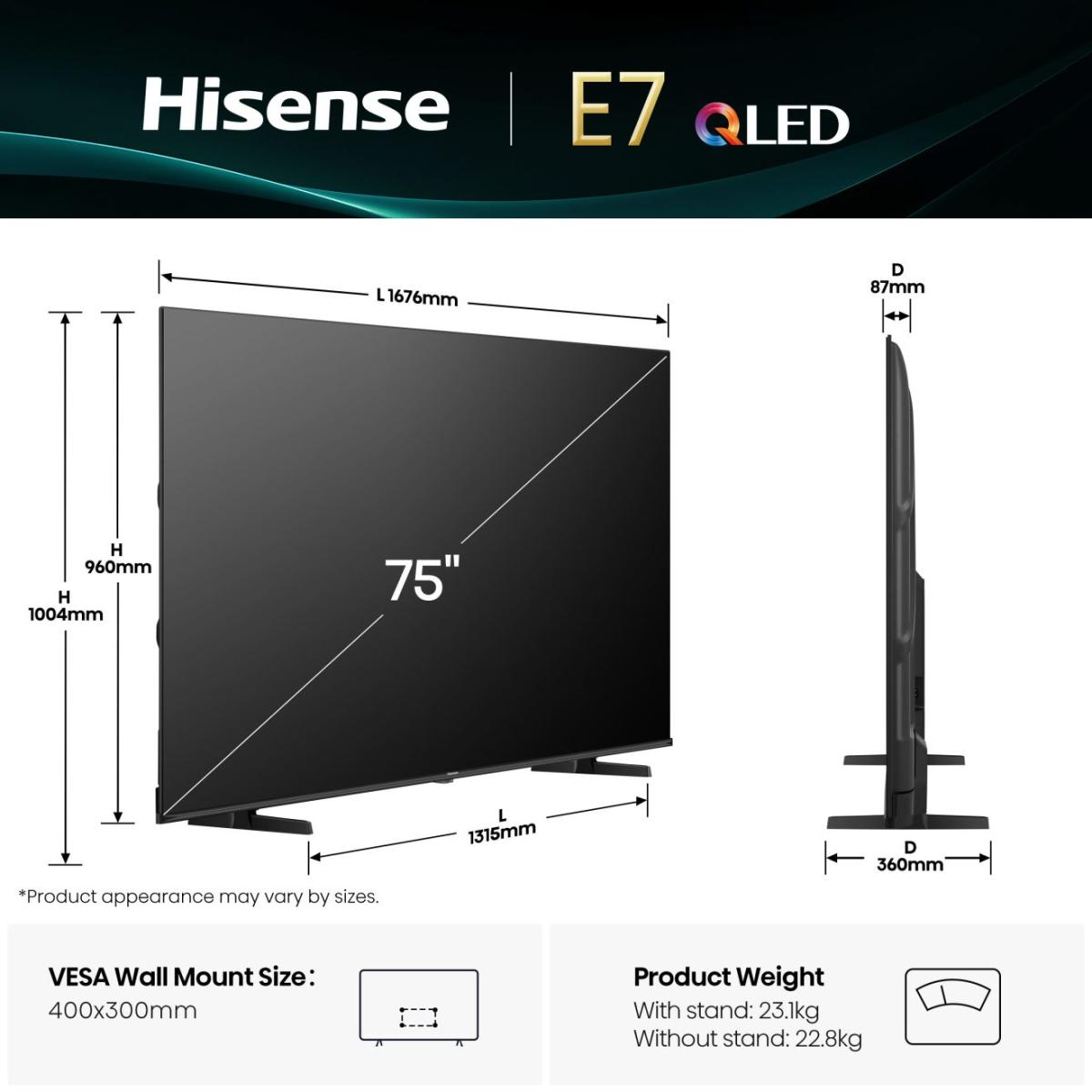 75-calowy telewizor Hisense E7 QLED z wymiarami. Zawiera rozmiar mocowania ściennego VESA i szczegóły produktu.