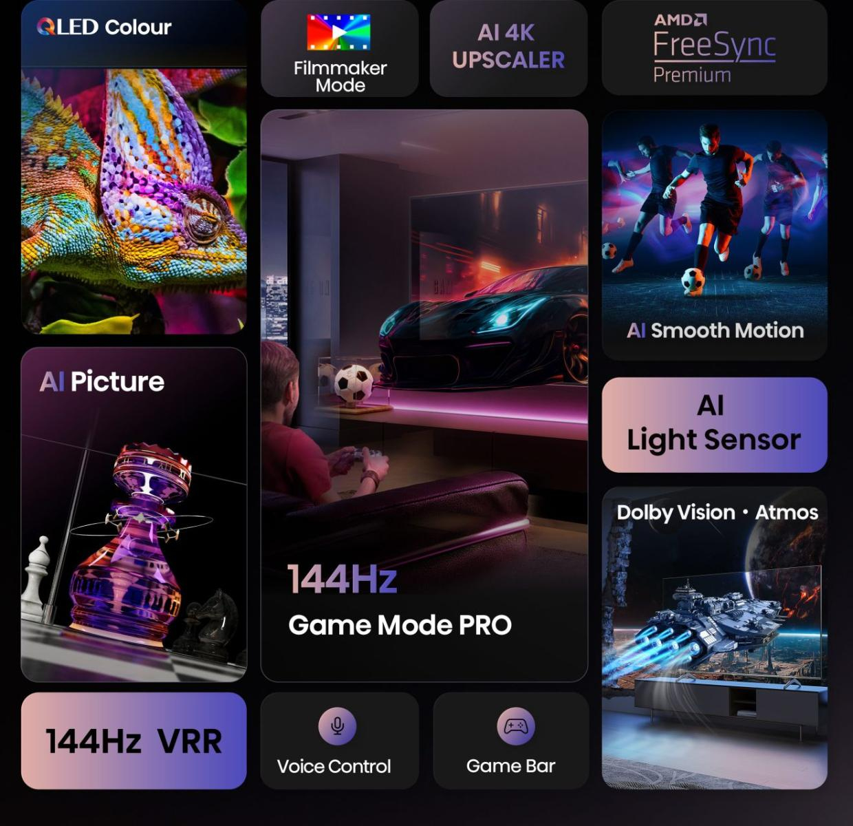 Obraz promocyjny prezentujący telewizor z funkcjami takimi jak kolor QLED, obraz AI, 144Hz i tryb gry. Podkreśla również Dolby Vision i Atmos.