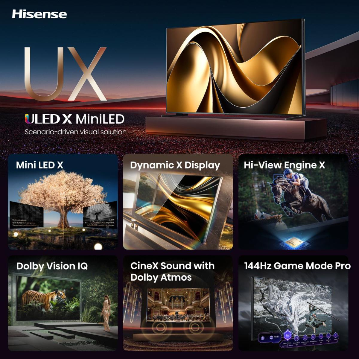 Hisense UX MiniLED TV mit Funktionen wie Mini LED X, Dynamic X Display, Dolby Vision IQ und 144Hz Game Mode Pro. Enthält ein Pferd, das springt.