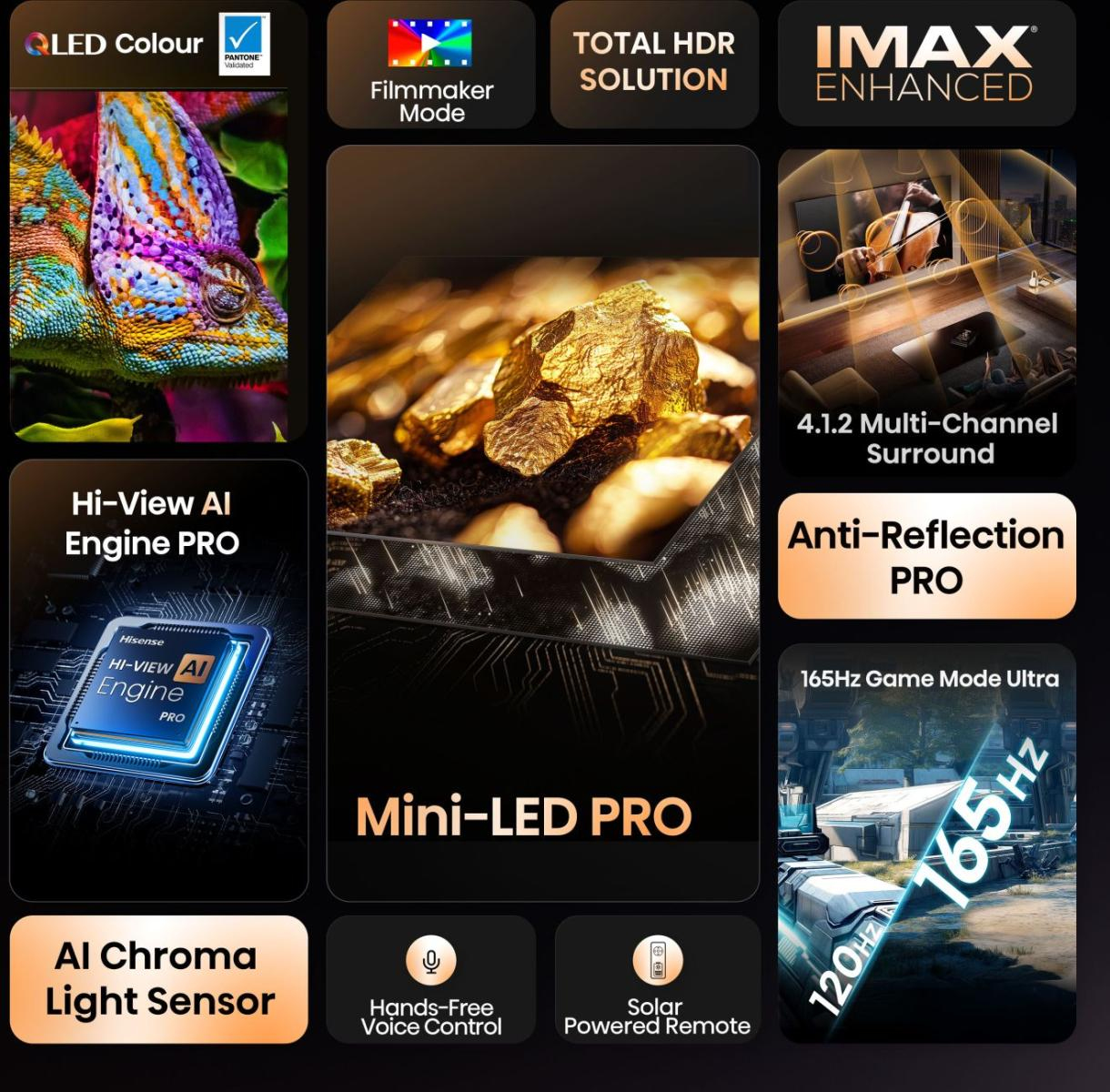 Advertentie voor tv, met een kameleon, goudklompjes en functies zoals Mini-LED PRO en 165Hz.