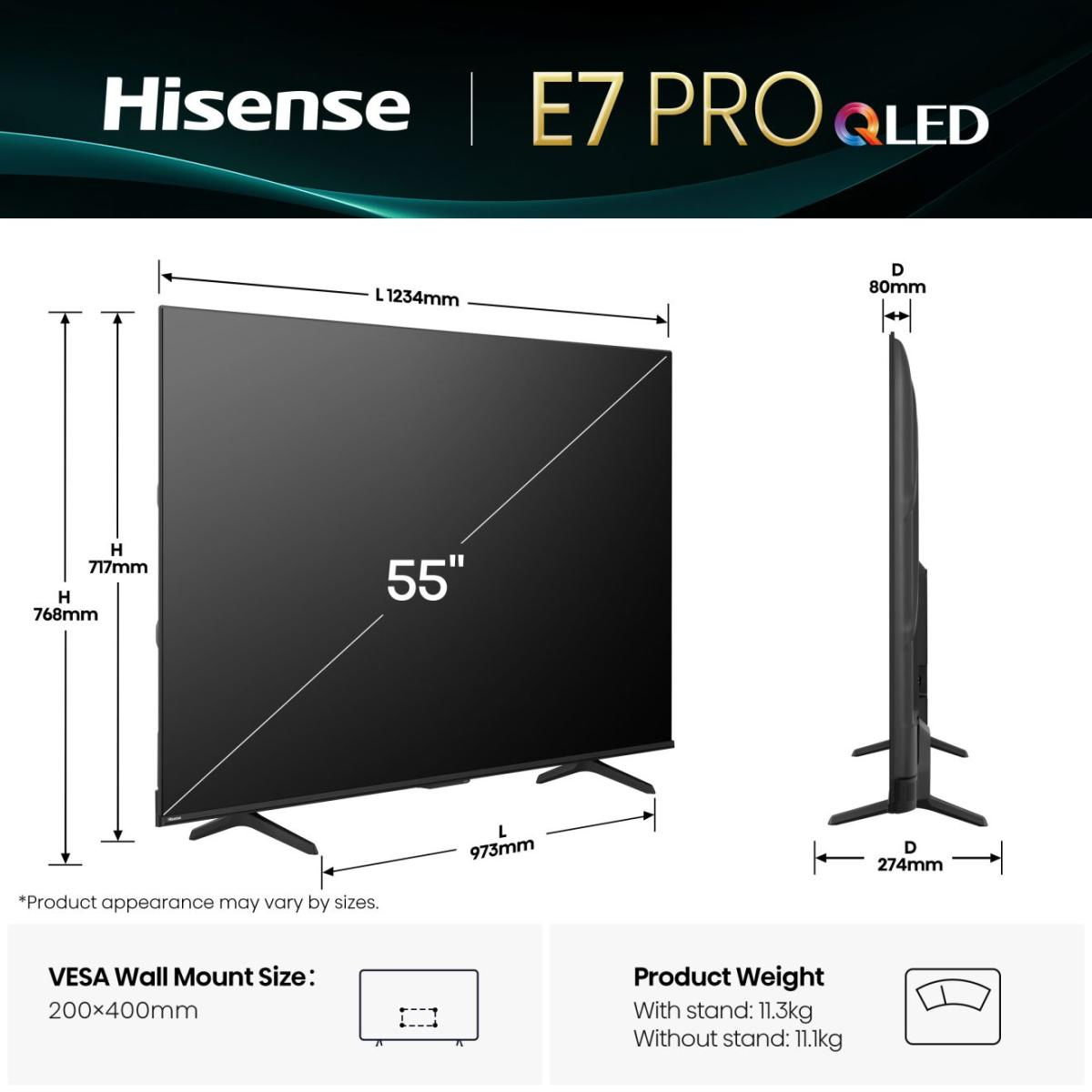 55-calowy telewizor Hisense E7 Pro QLED z wymiarami, w tym widok z boku pokazujący grubość. Dołączono informacje o uchwycie VESA i wadze.