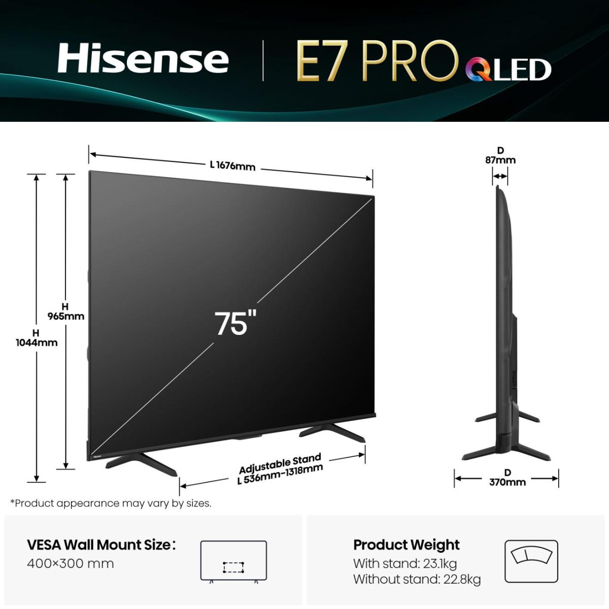 Czarny telewizor Hisense E7 Pro QLED 75" z wymiarami i specyfikacjami. Zawiera szczegóły dotyczące podstawy, rozmiar VESA i wagę produktu.