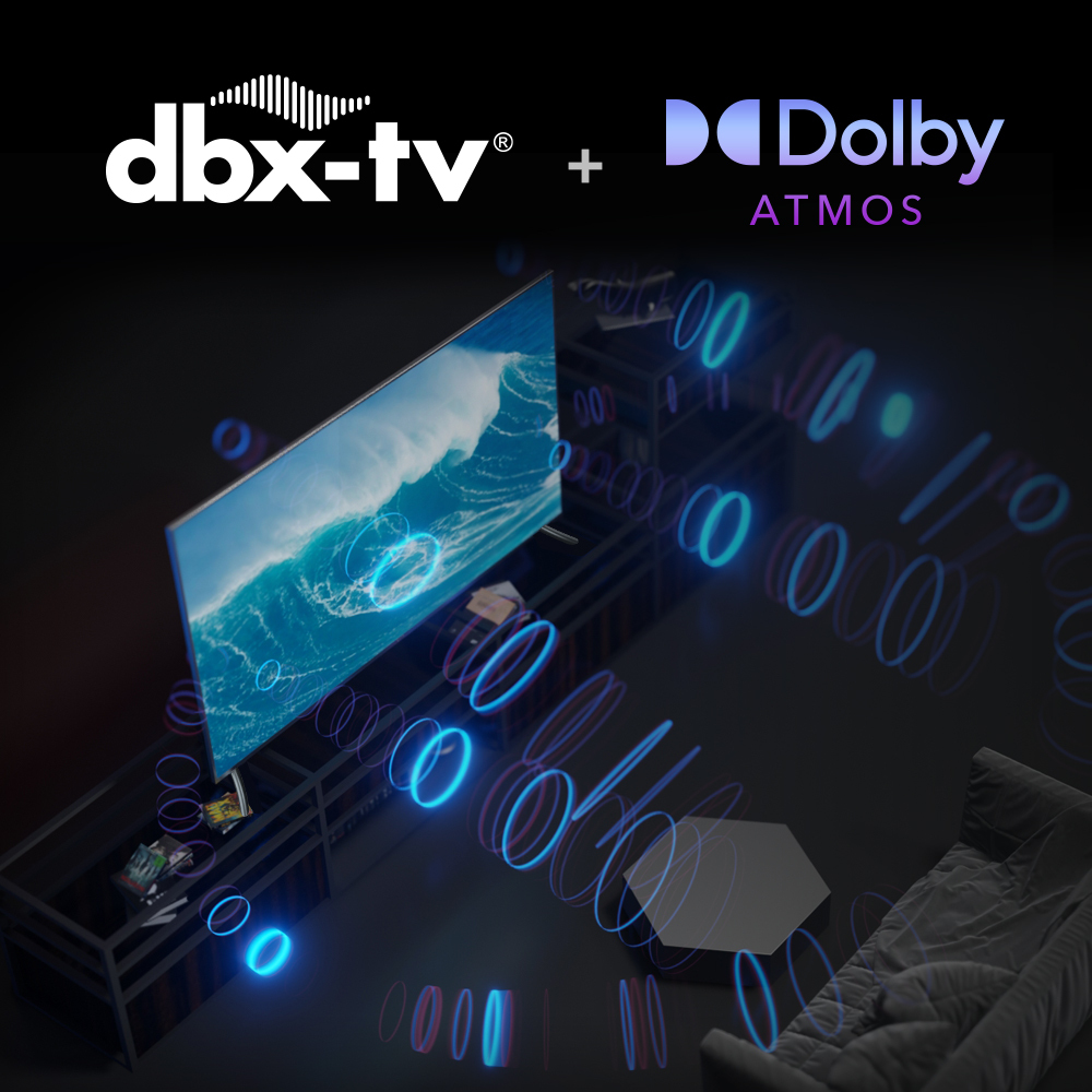 A TV with a wave scene, Dolby Atmos logo, and dbx-tv logo. A sofa and table are in front of the TV, with sound wave graphics.