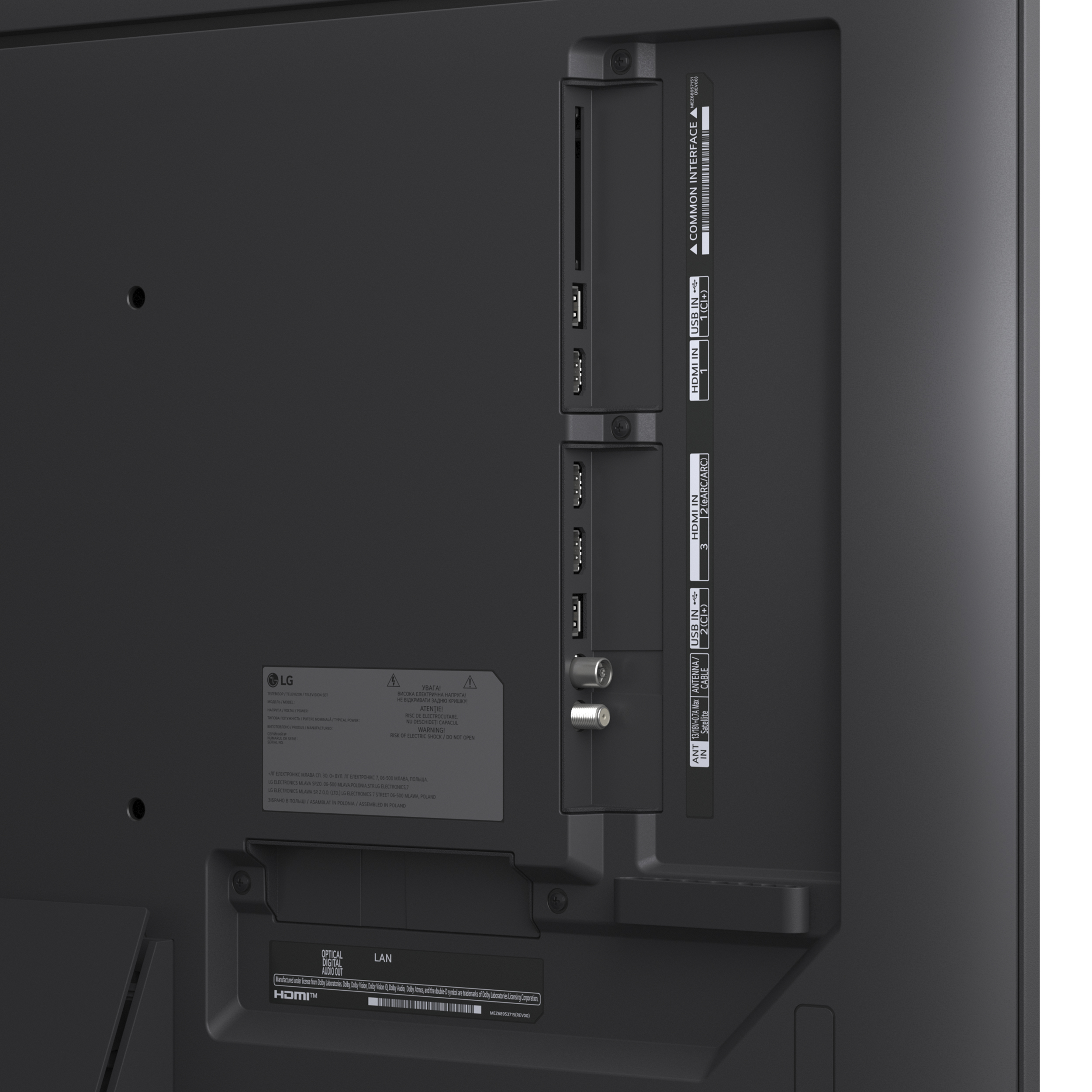 Rückseite eines schwarzen Fernsehers mit Anschlüssen: HDMI, USB, Antenne und LAN, sowie Informationsetiketten.