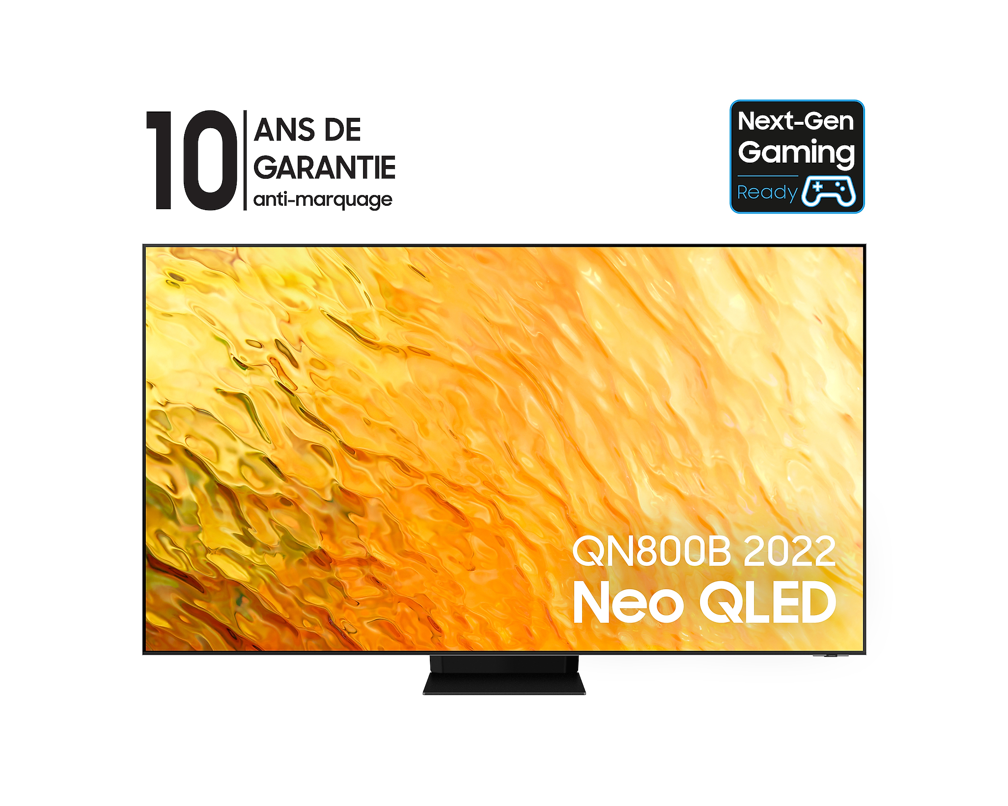 Una pantalla de TV con fondo amarillo. Tiene un logotipo de Next-Gen Gaming Ready y texto que indica 10 años de garantía.