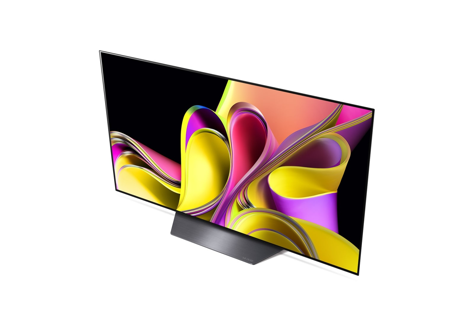 Una moderna TV con un display astratto colorato. Lo schermo mostra forme gialle, rosa e viola su uno sfondo nero.