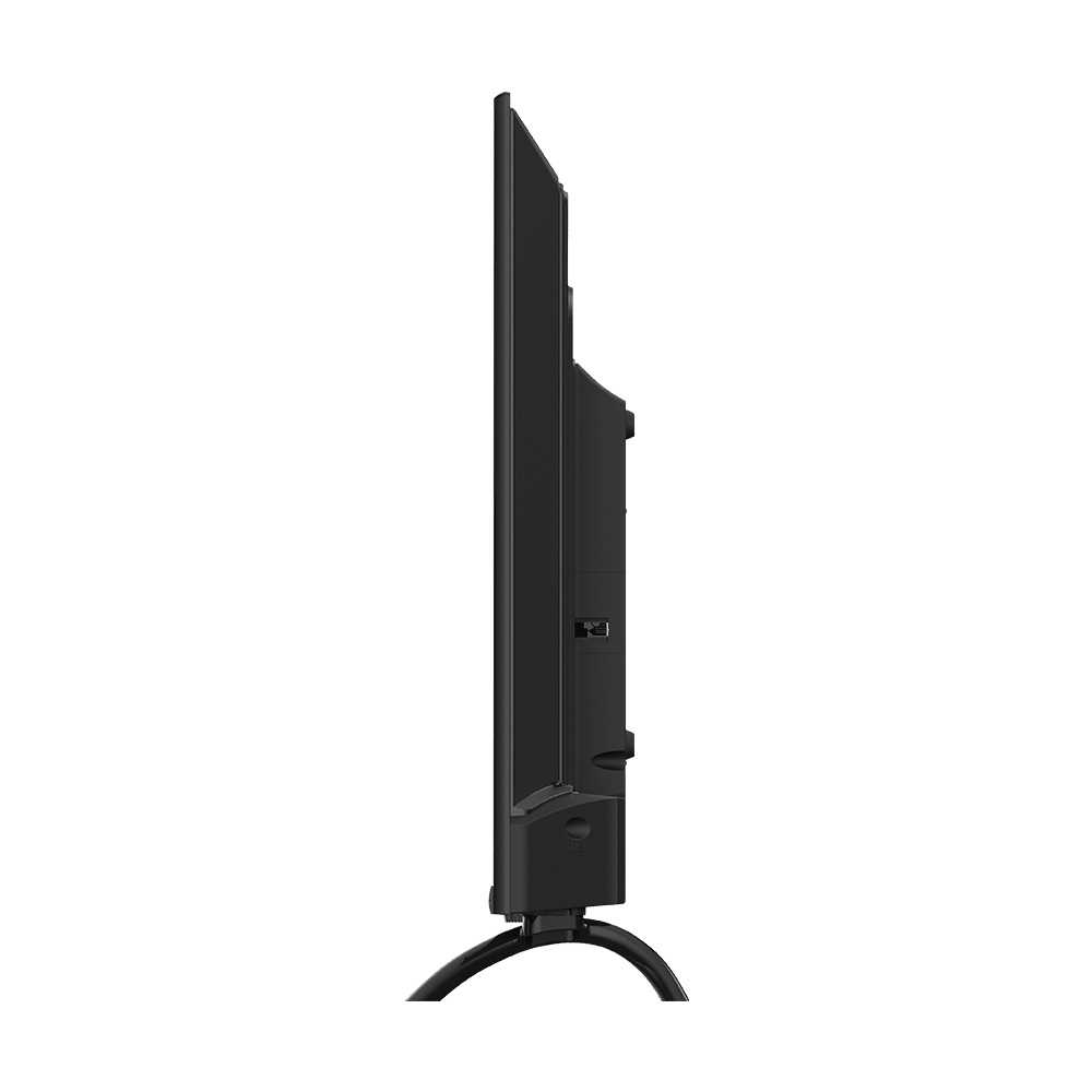 Vista laterale di una TV a schermo piatto nera su sfondo bianco, supportata da un supporto curvo.