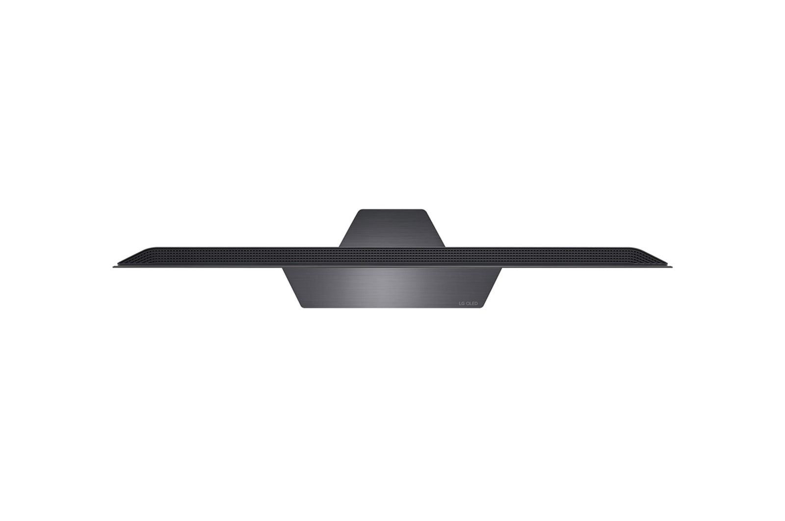 Vista dall'alto di un elegante TV LG OLED nero. Ha uno schermo ampio e sottile e un supporto grigio scuro.
