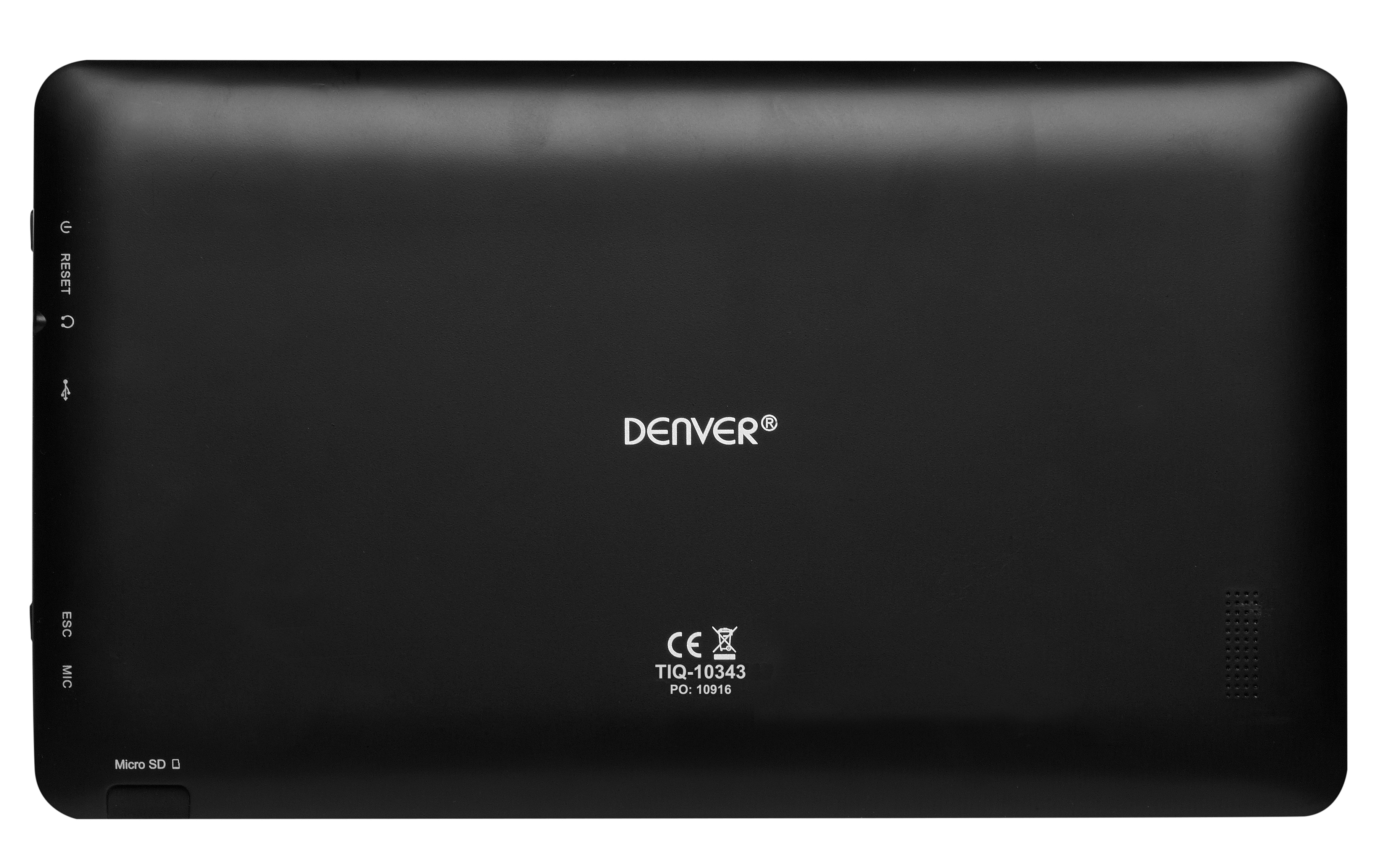 Retro tablet nero con pulsanti, logo Denver e certificazioni. Include porte di alimentazione, reset e audio e slot Micro SD.
