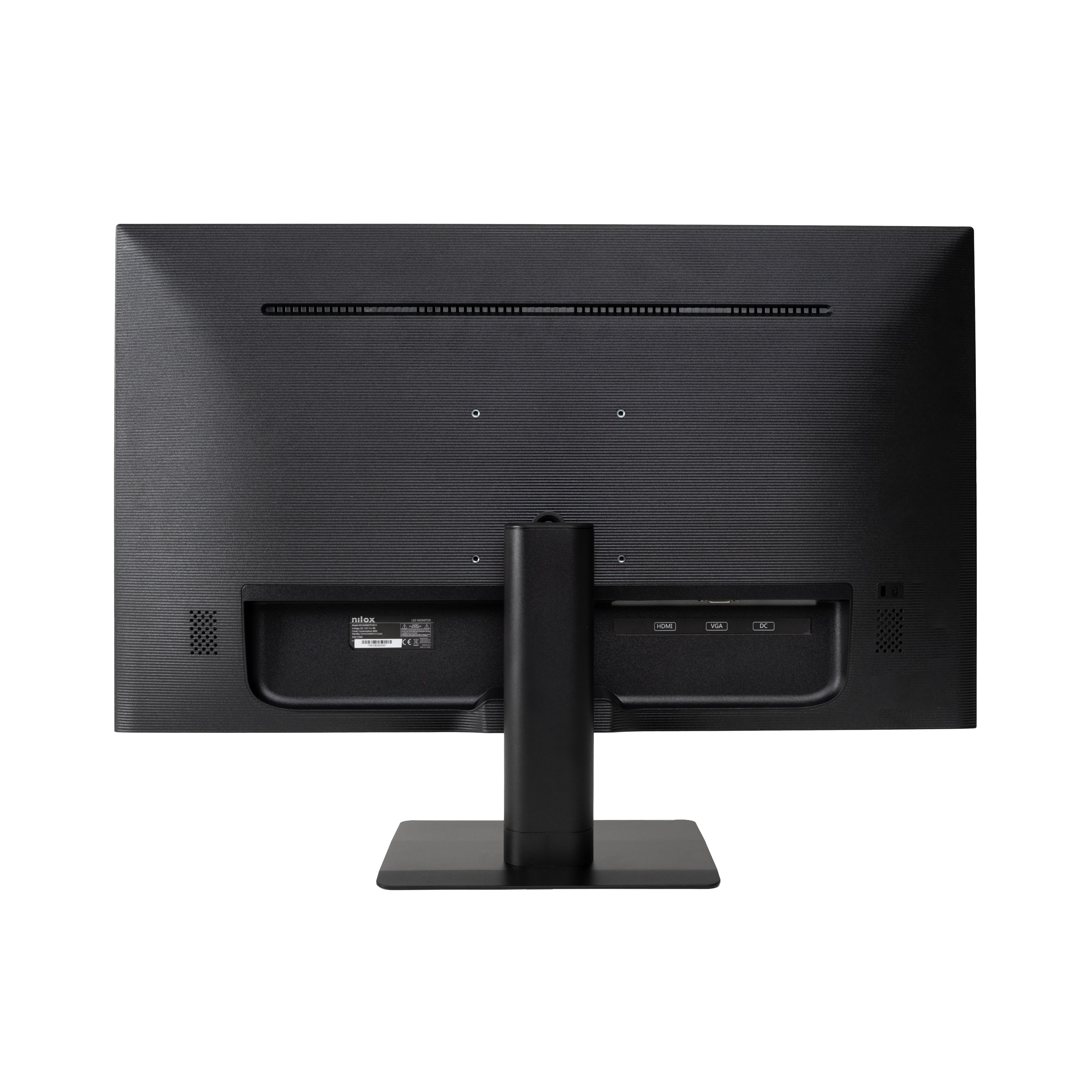 Vista posteriore di un monitor del computer nero. Ha un supporto e diverse porte.