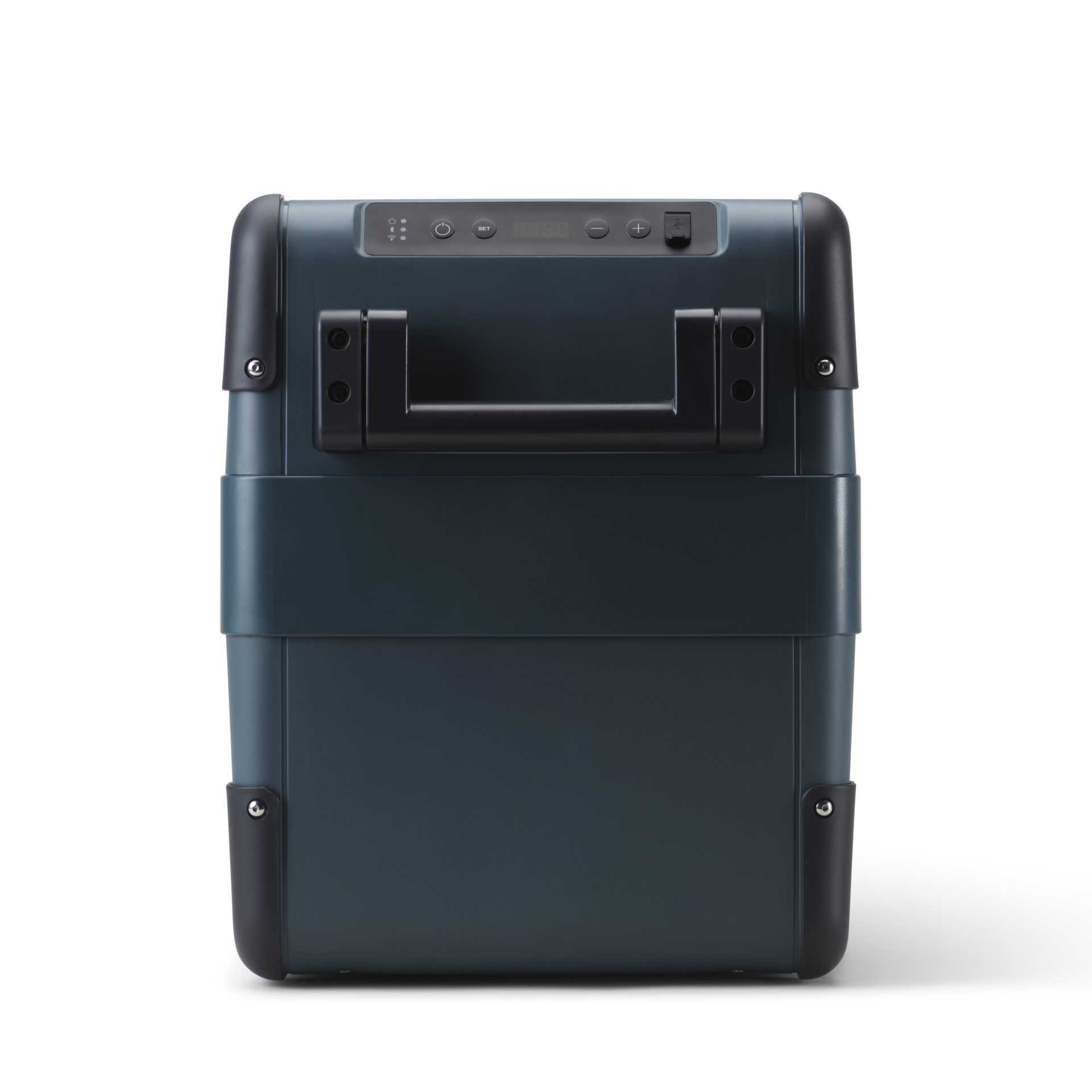 Ciemnoniebieska chłodziarka z czarnymi akcentami, uchwytem i panelem sterowania. Na białym tle.