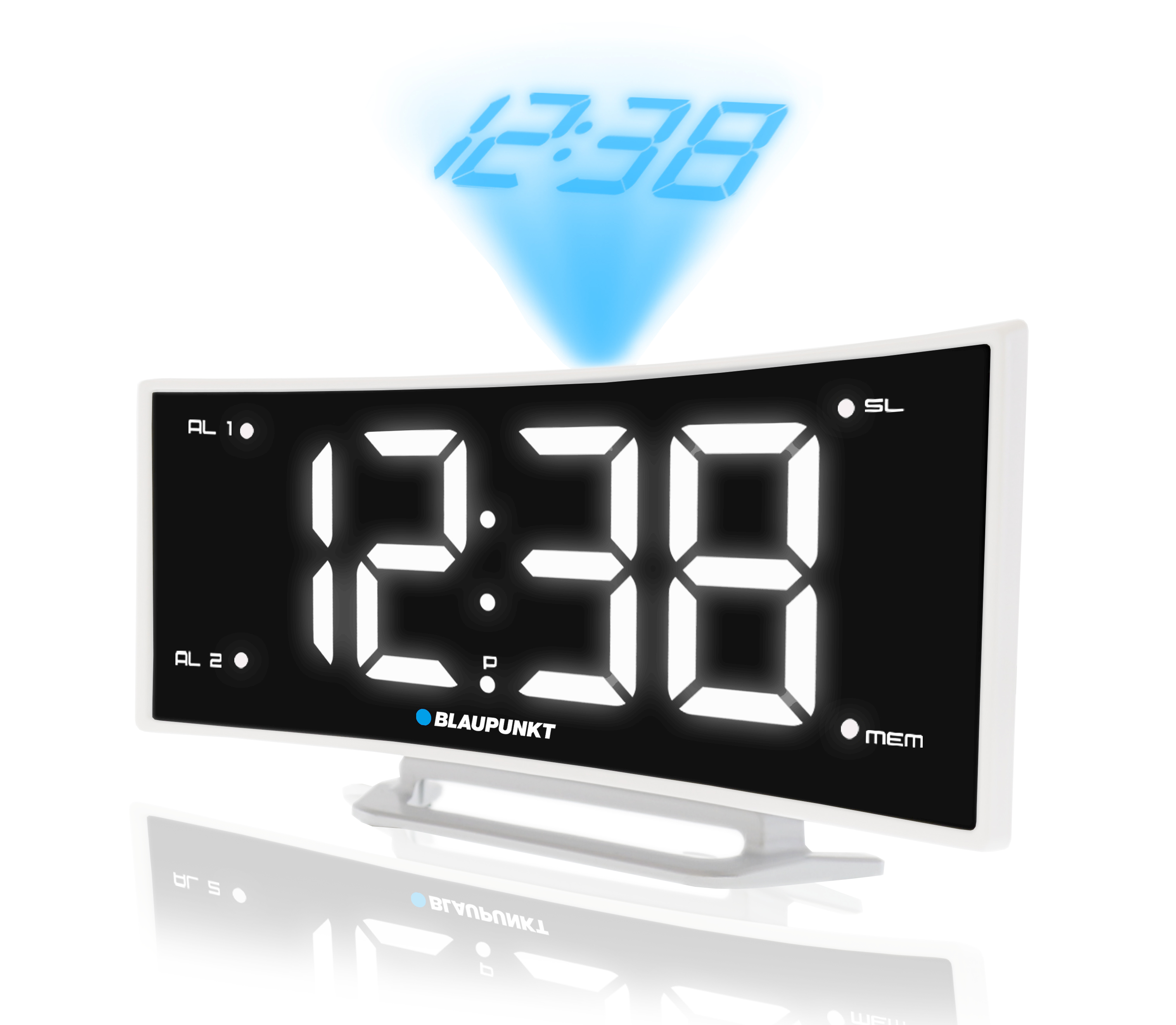 Una sveglia digitale che mostra le 12:38. L'ora è proiettata. Ha una cornice bianca con il logo Blaupunkt.