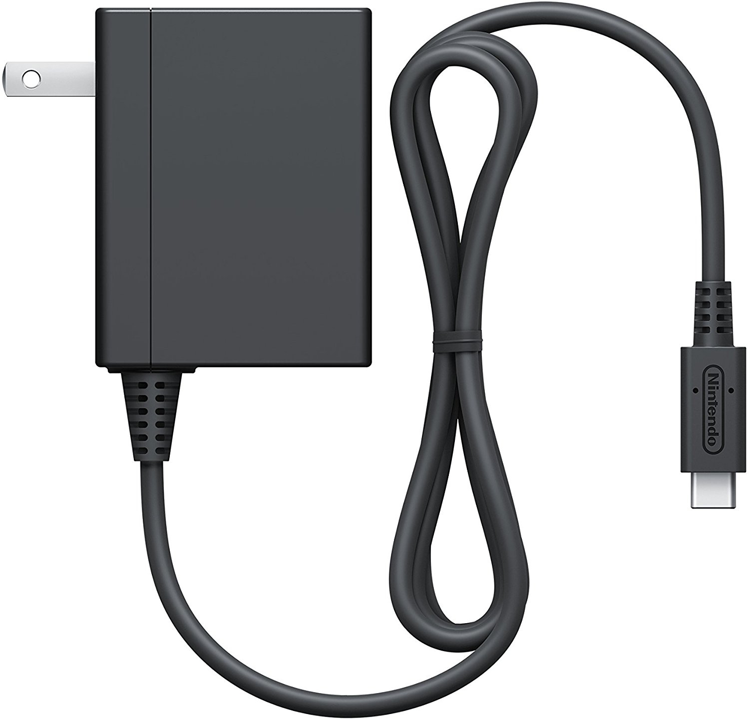 Chargeur Nintendo noir. Il possède un adaptateur secteur rectangulaire, un câble et un connecteur USB-C. Le câble est bouclé.
