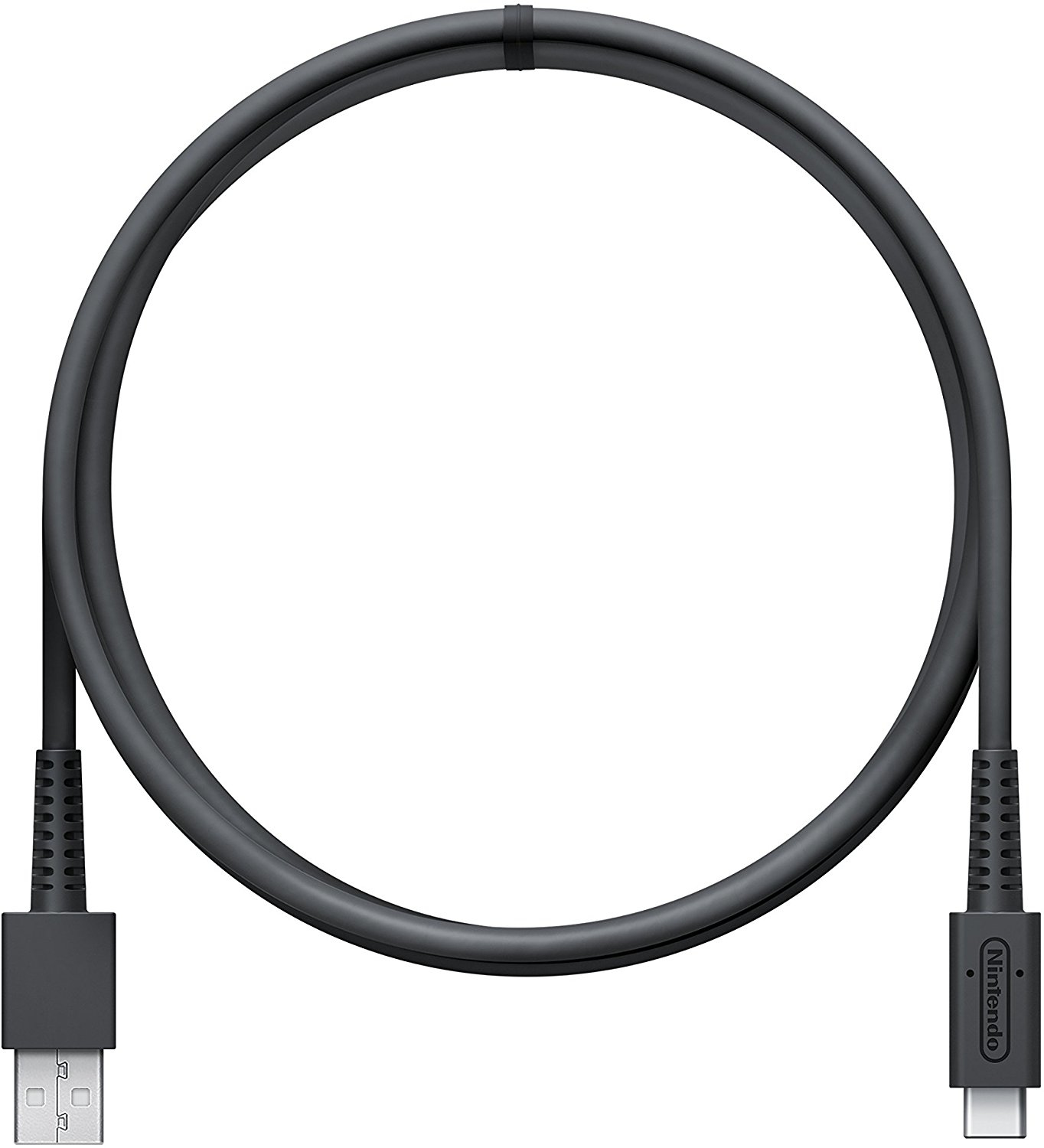 Un câble de chargement USB-C noir Nintendo. Il forme une boucle. Une extrémité est USB, l'autre est USB-C avec la marque Nintendo.