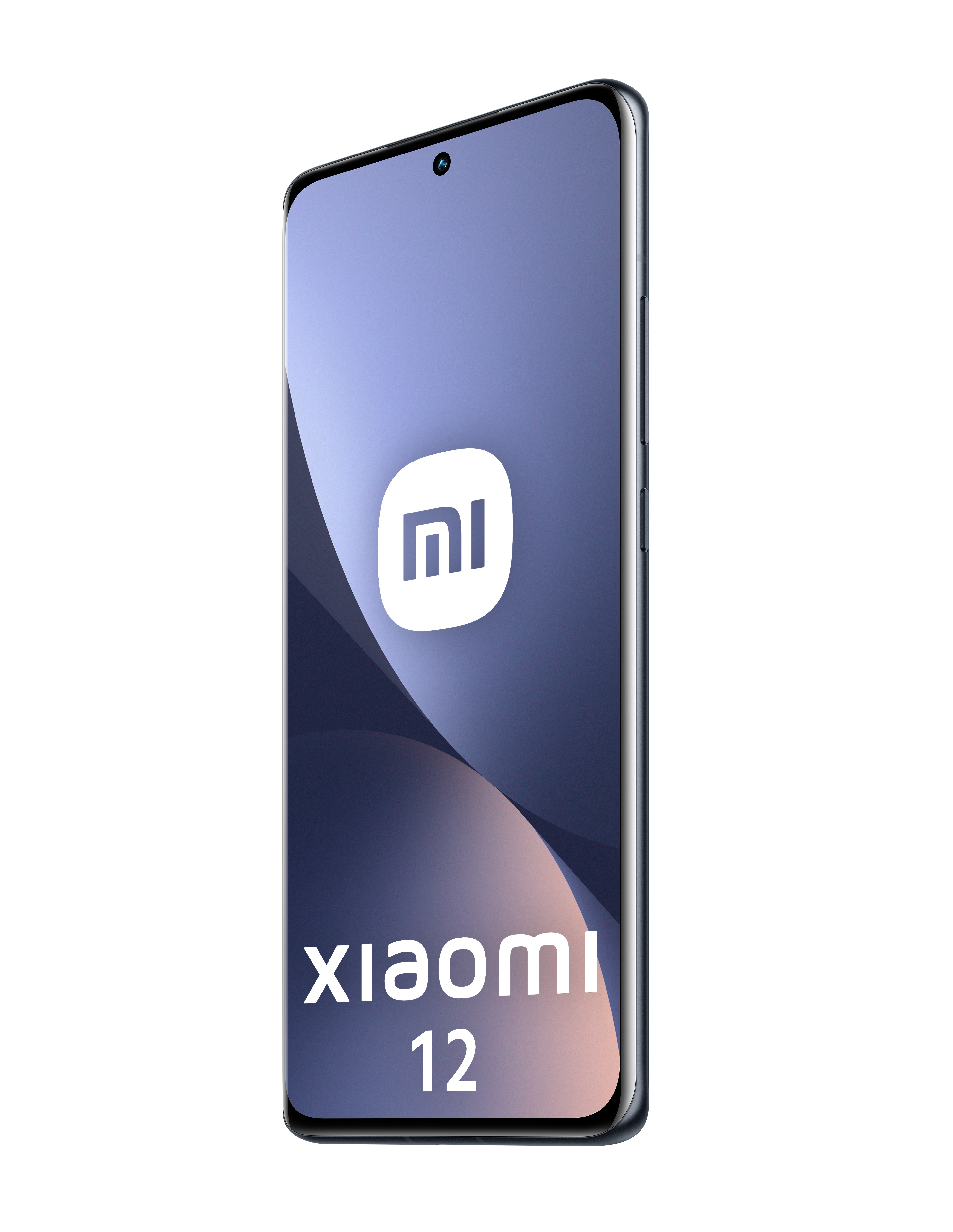 Een Xiaomi 12 smartphone wordt getoond. Het heeft een blauw scherm met het Xiaomi-logo en de woorden 'xiaomi 12'.