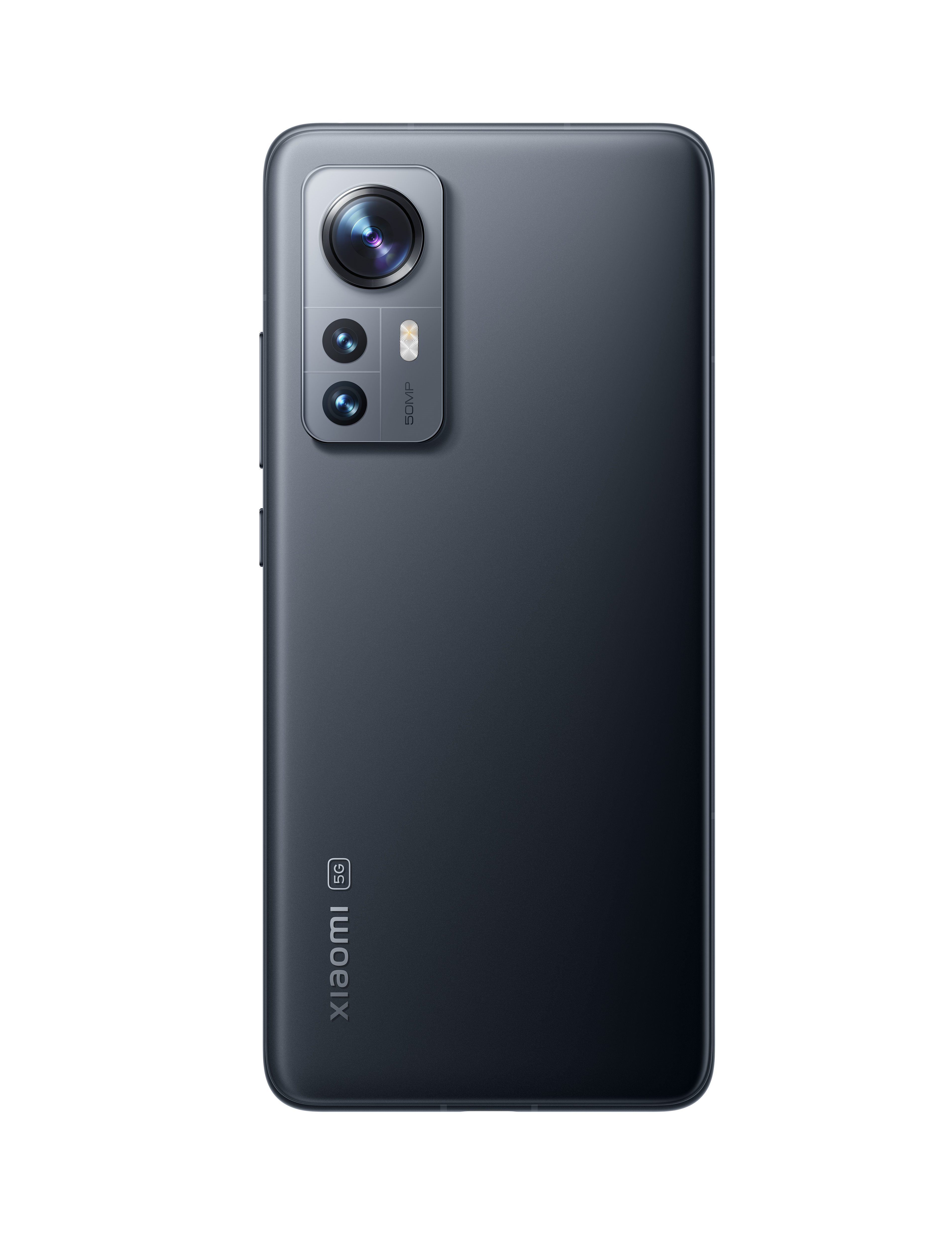 Donkergrijze Xiaomi telefoonrug. Camera's, 5G logo en merknaam. Op witte achtergrond.